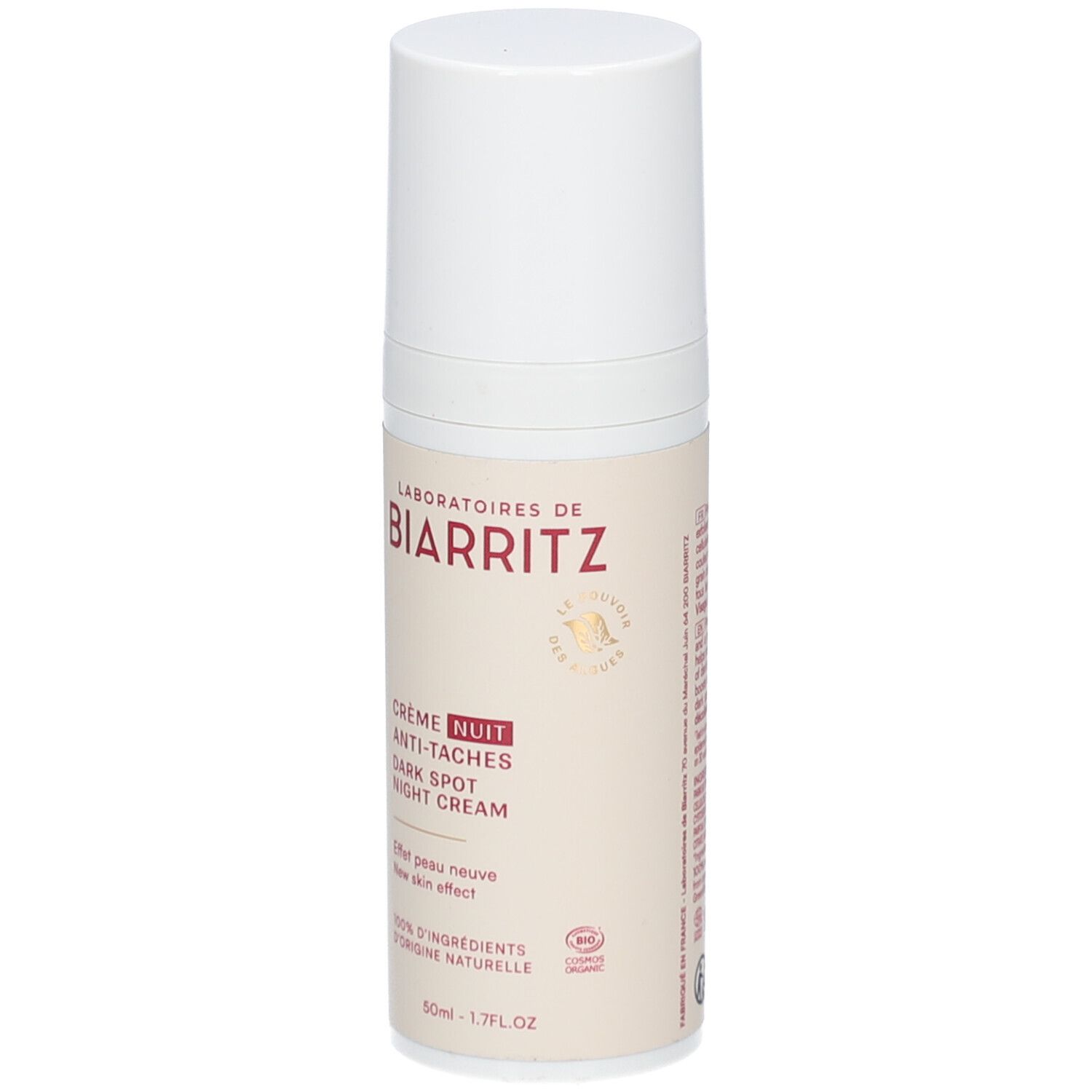Flacon de crème. Inscription: Laboratoires de Biarritz, Crème Nuit Anti-Taches, Dark Spot Night Cream. Bouchon blanc.