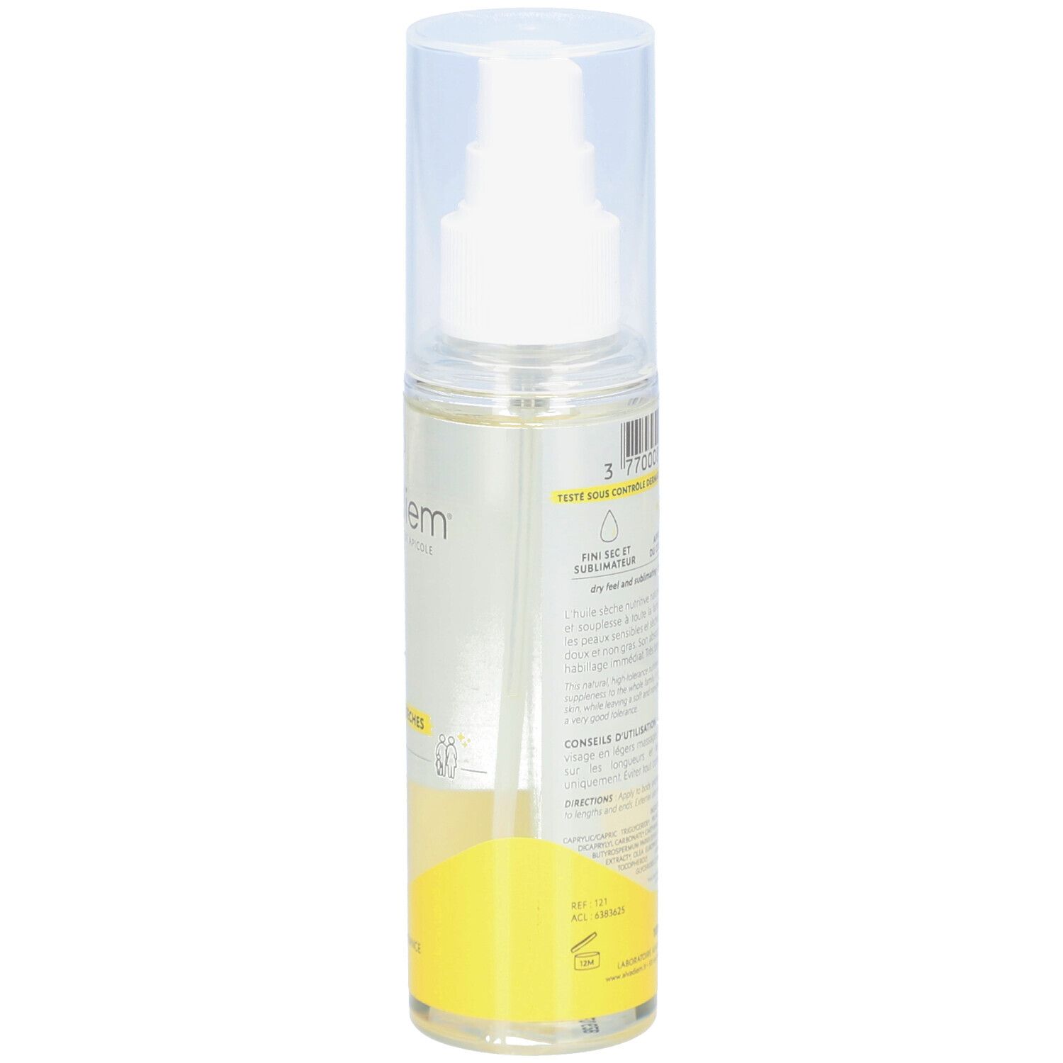 Achterkant van de sprayfles. Barcode en tekst. Tekst: 100ml, voor de gevoelige huid. Gemaakt in Frankrijk.