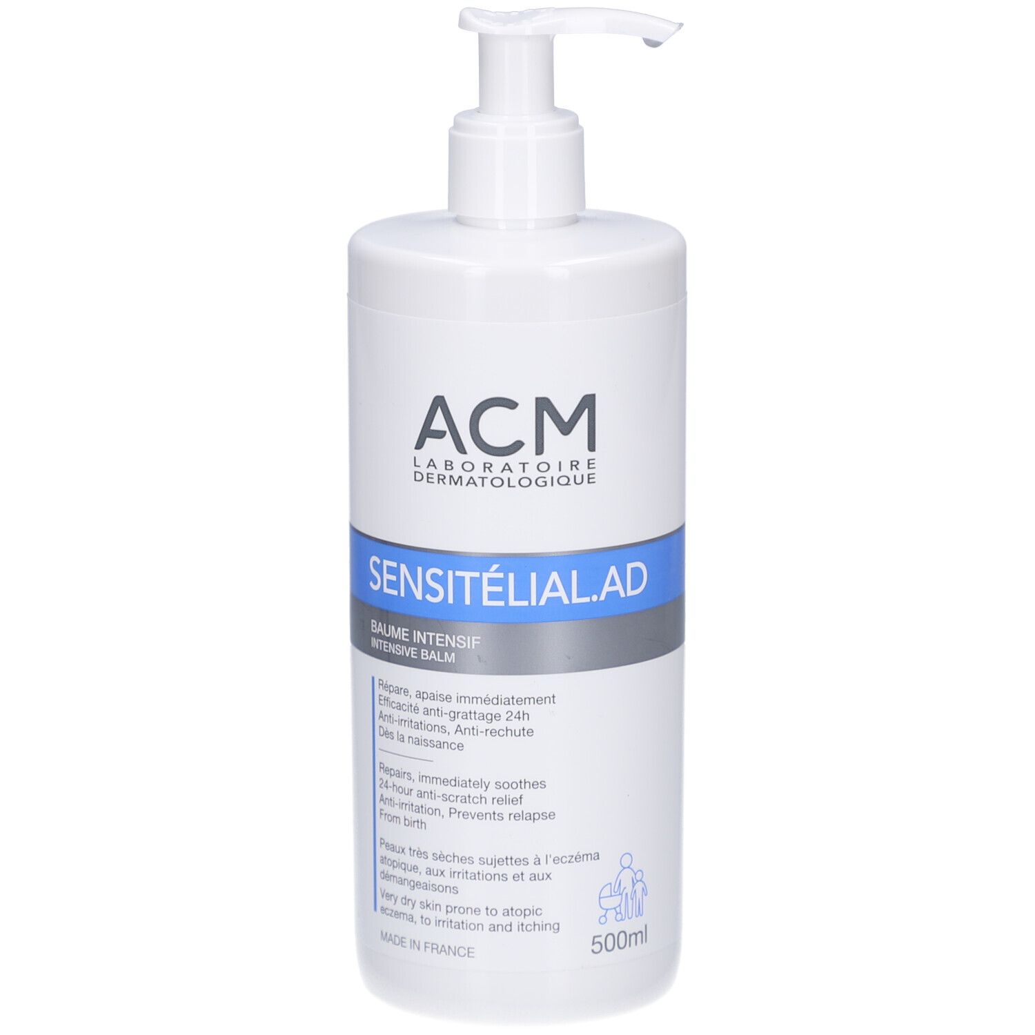 Witte fles met pomp. Blauwe en grijze etiketten met productnaam en merk ACM. 500ml.