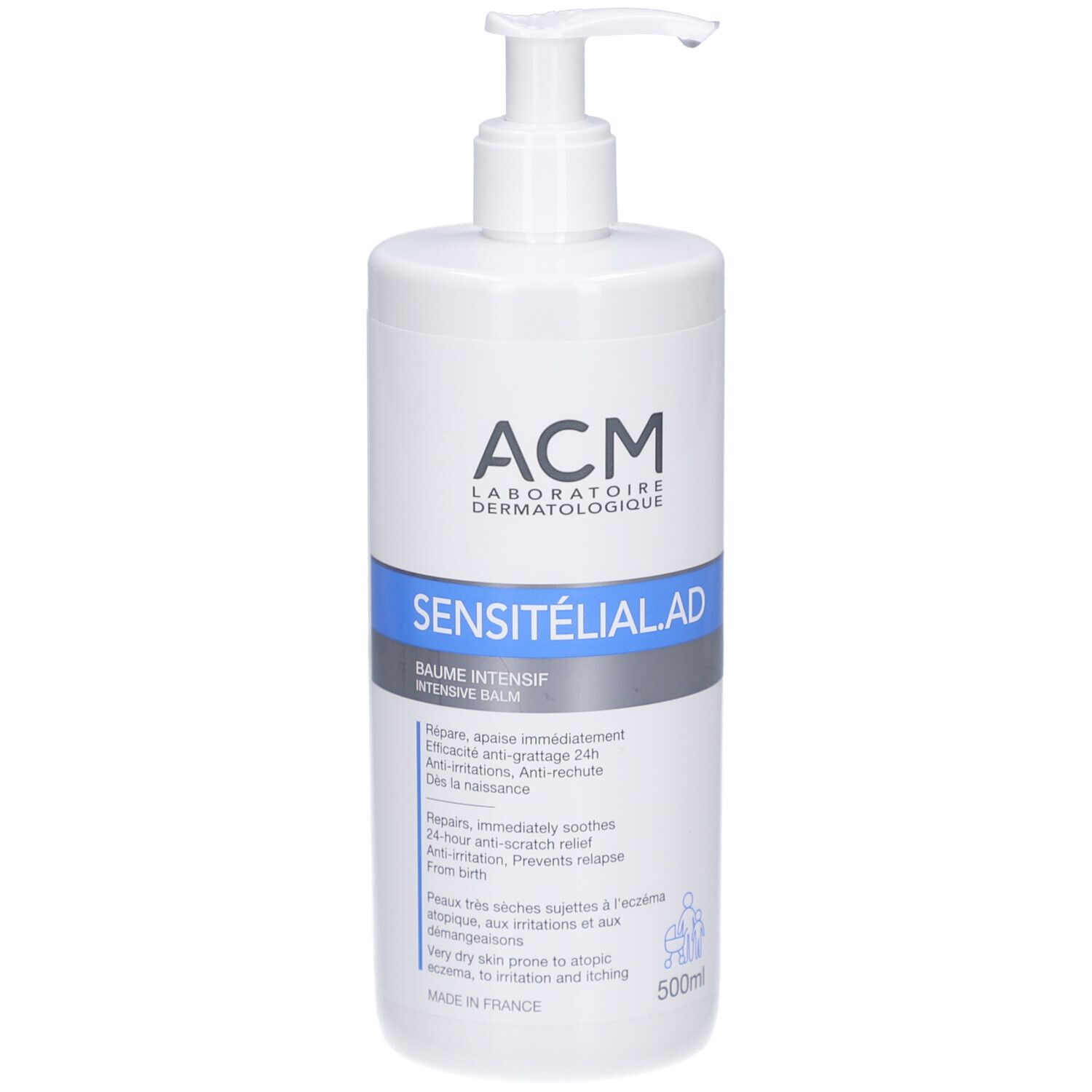 Witte fles met pomp. Blauwe en grijze etiketten met productnaam en merk ACM. 500ml.