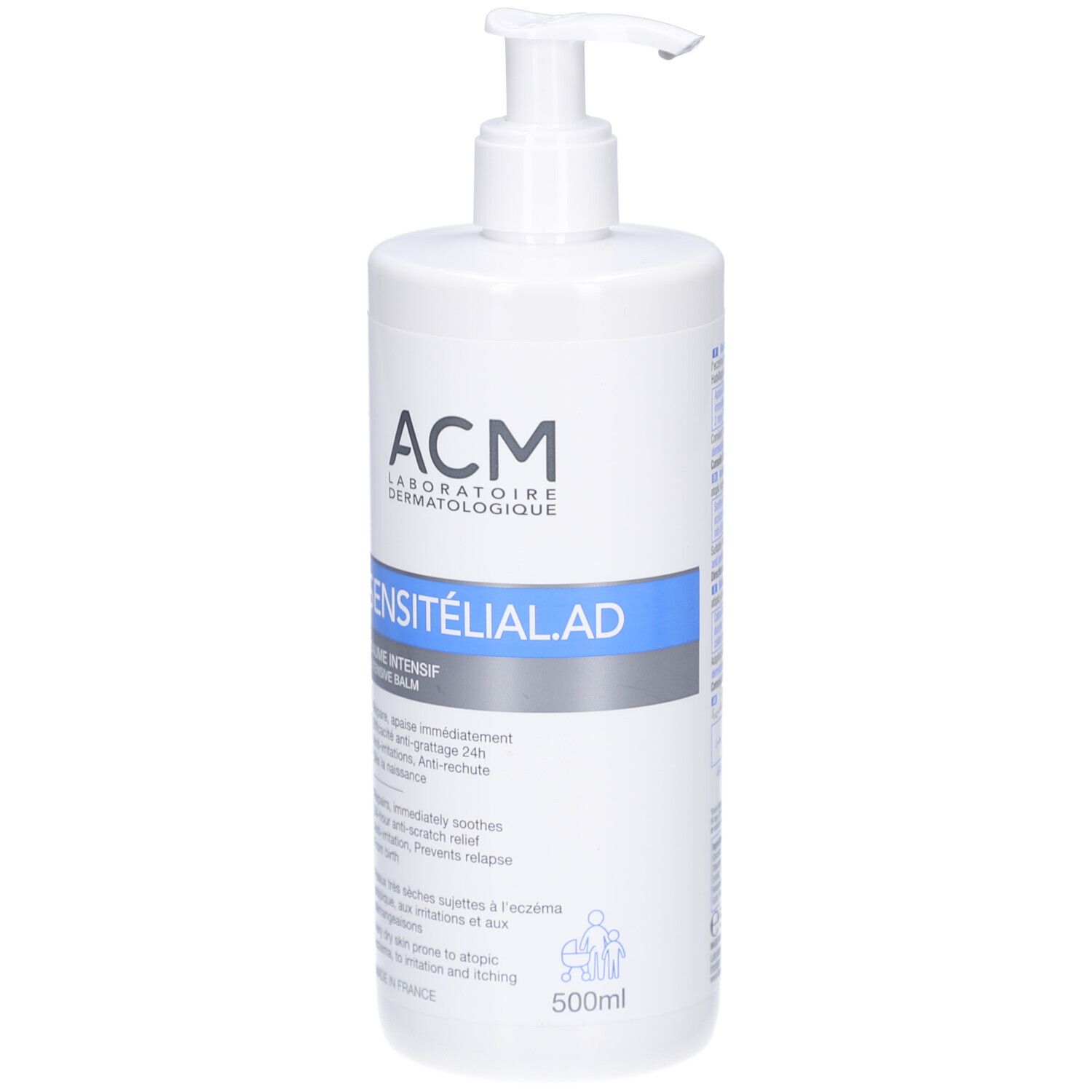 Witte fles met pomp. Blauwe en grijze etiketten met productnaam en merk ACM. 500ml.