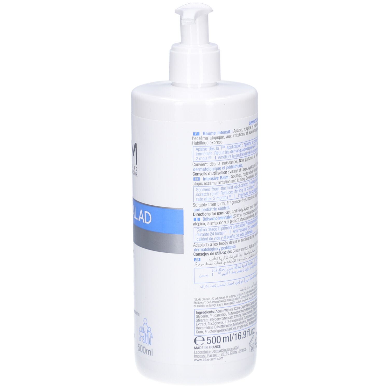 Achterkant van de witte fles met pomp. Tekst in meerdere talen. Productnaam en merk ACM. 500ml.