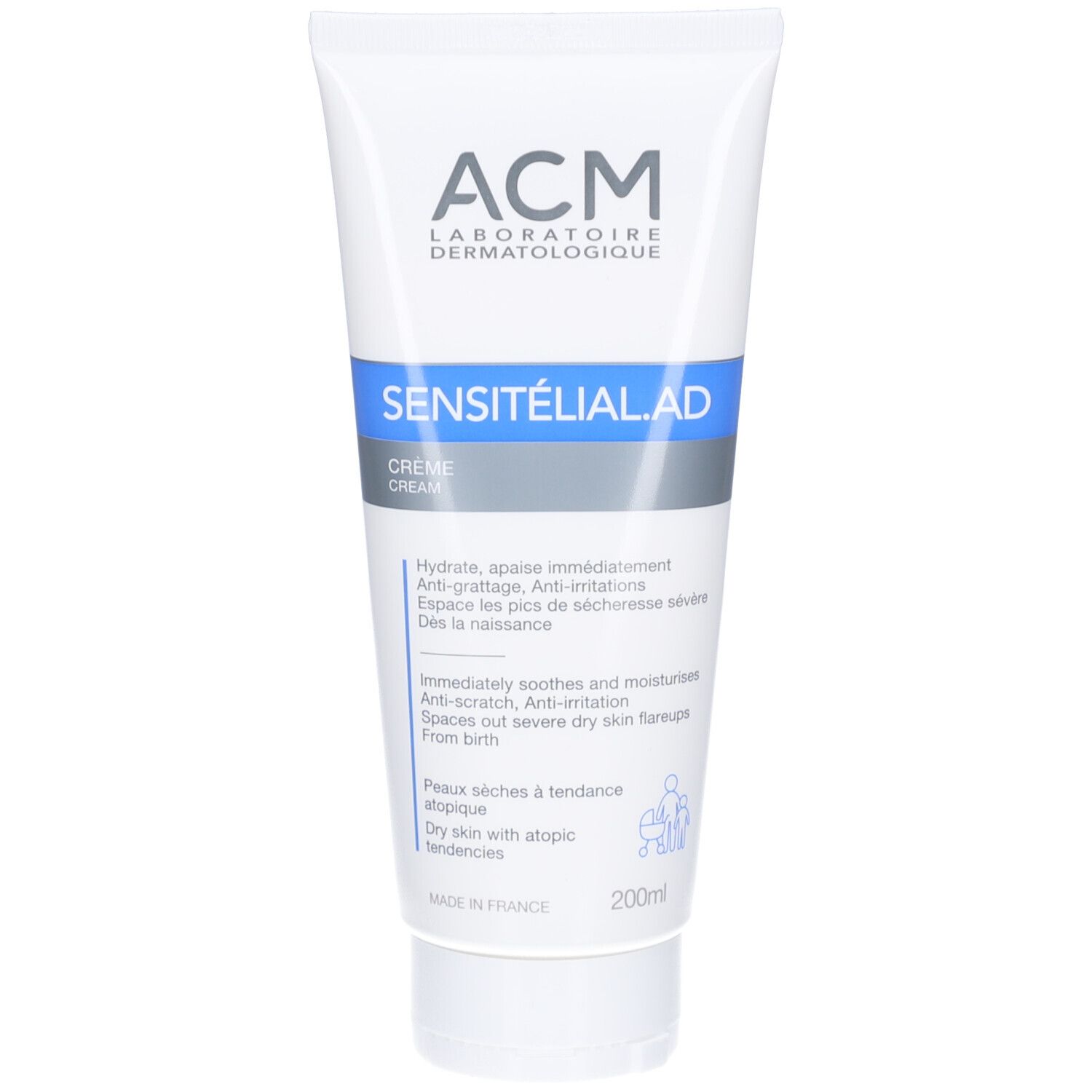Tube blanc avec texte bleu. Inscription: ACM Laboratoire Dermatologique, SENSITELIAL AD CREME. Texte en français et anglais.