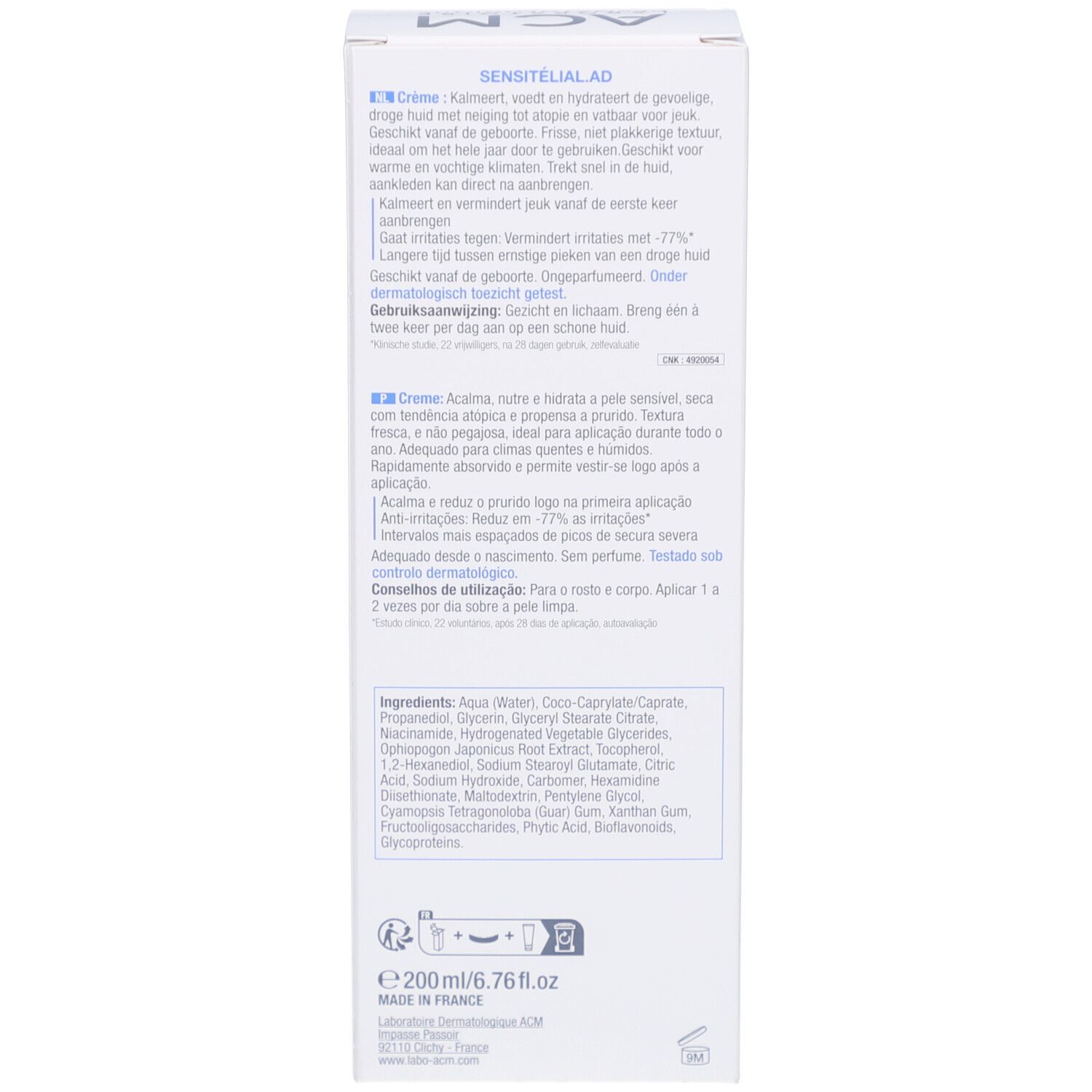 Côté de la boîte blanche. Texte en plusieurs langues, dont l'allemand, le français, l'italien, le néerlandais et l'anglais.