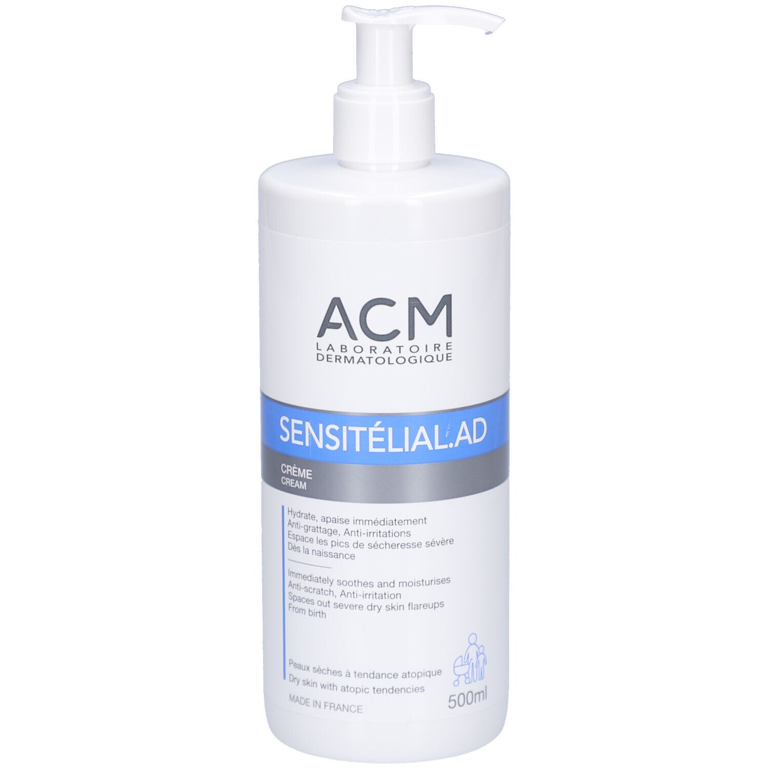 Flacon blanc avec pompe. Inscription: ACM, SENSITELIAL AD CREME. 500ml. Pour peaux sèches à tendance atopique.
