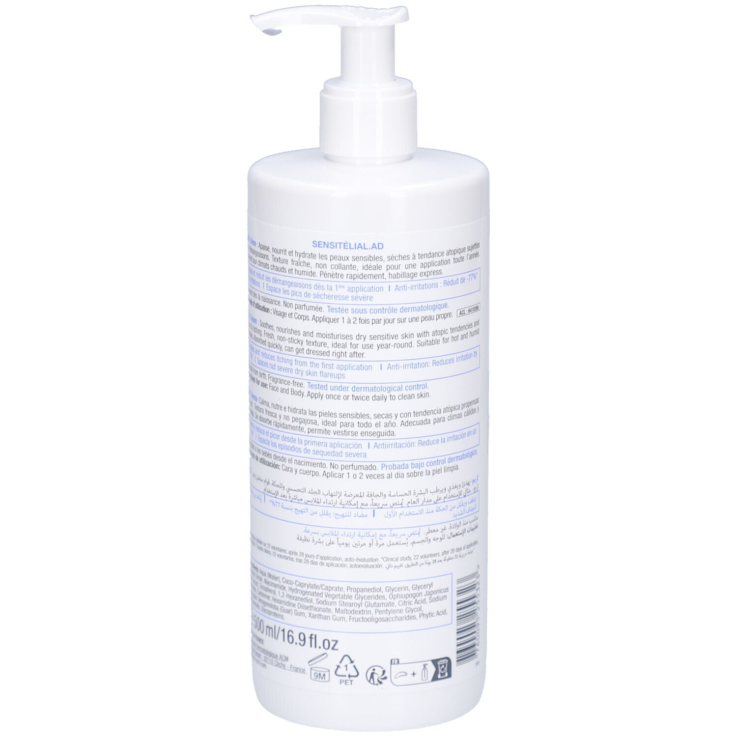 Flacon blanc avec pompe. Dos avec texte. Nom du produit: SENSITELIAL AD CREME. Fabricant: ACM. 500ml/16.9 fl.oz.