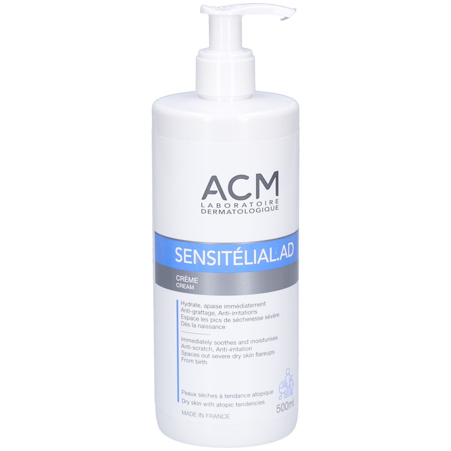 Flacon blanc avec pompe. Inscription: ACM, SENSITELIAL AD CREME. 500ml. Pour peaux sèches à tendance atopique.
