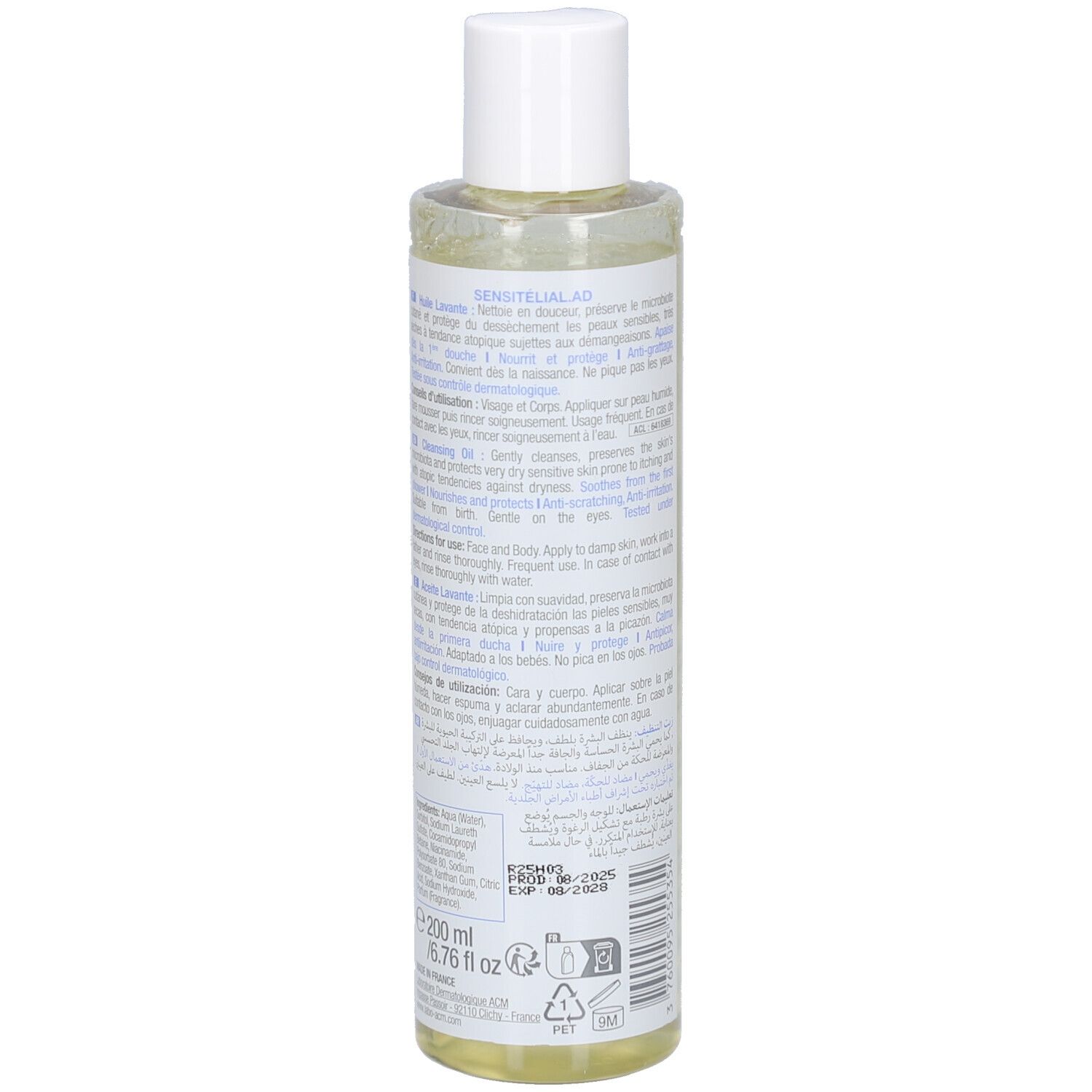 Vue arrière du flacon. Inscriptions: ACM Laboratoire Dermatologique, SENSITELIAL AD, Huile Lavante. Texte multilingue, ingrédients.