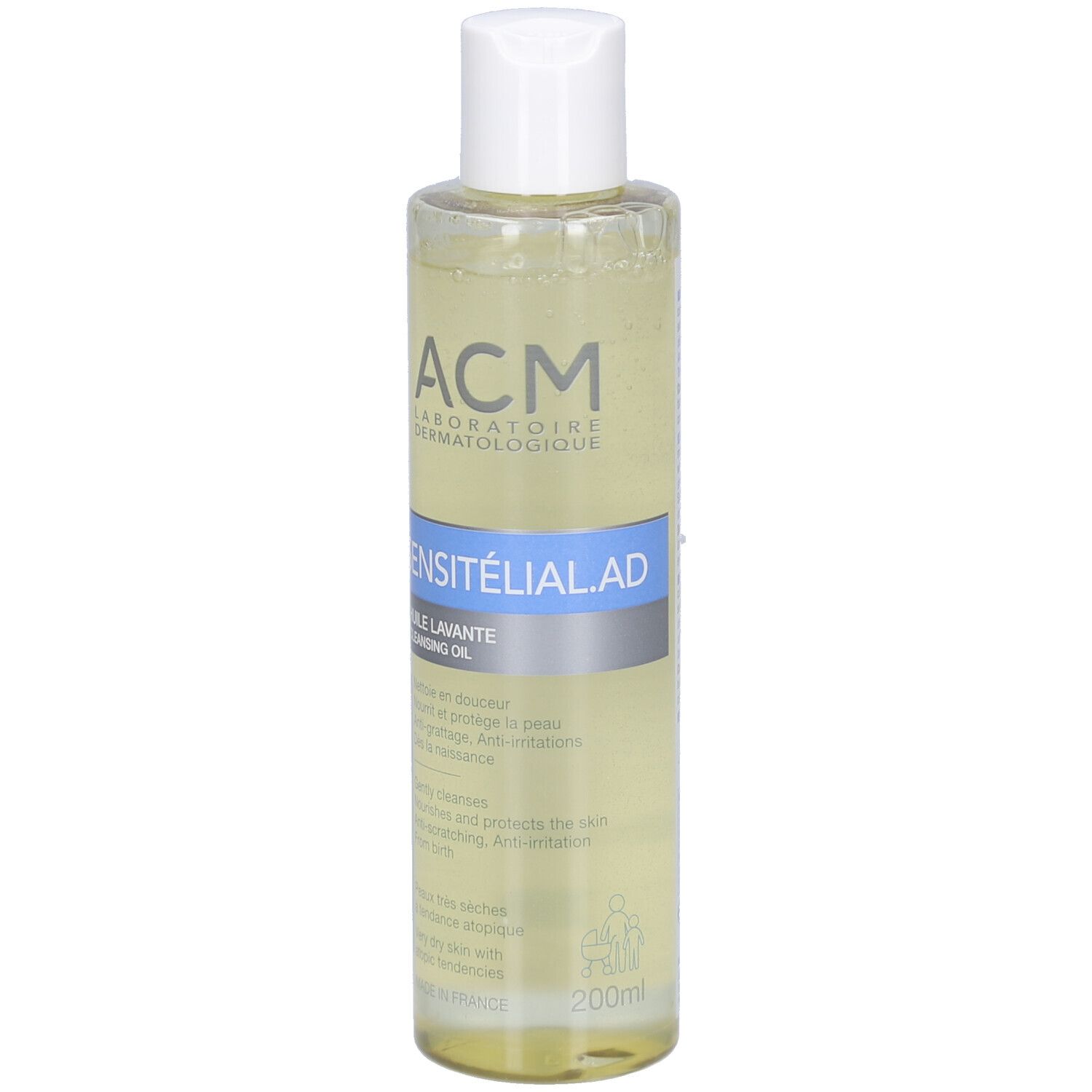 Flacon transparent avec bouchon blanc. Inscriptions: ACM Laboratoire Dermatologique, SENSITELIAL AD, Huile Lavante. Texte en français.