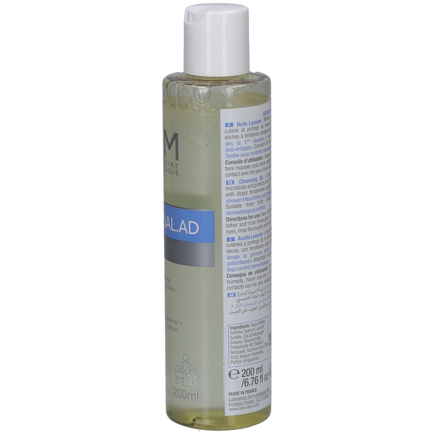 Vue arrière du flacon. Inscriptions: ACM Laboratoire Dermatologique, SENSITELIAL AD, Huile Lavante. Texte multilingue, ingrédients.