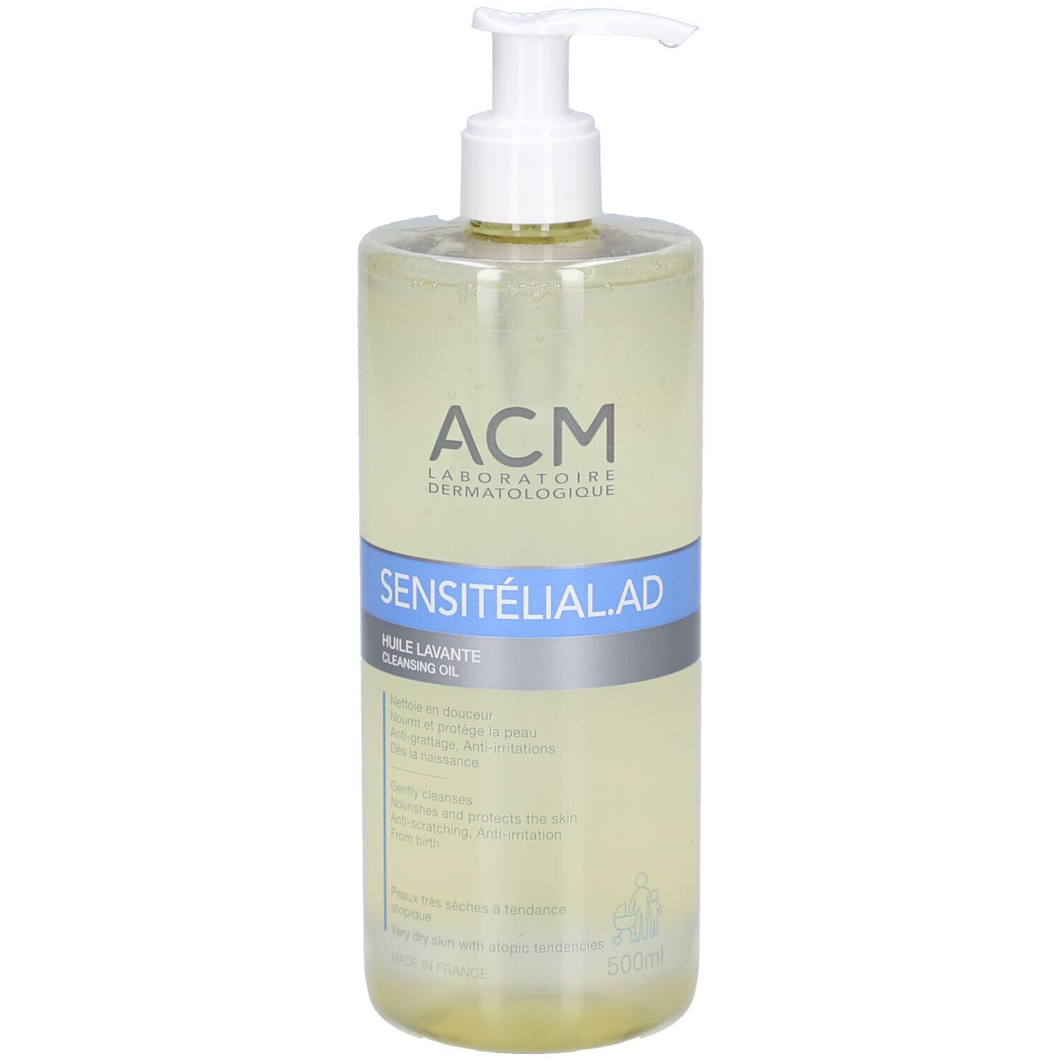Transparante fles met pomp. Opschrift: ACM, SENSITELIAL AD, HUILE LAVANTE. Inhoud 500ml.