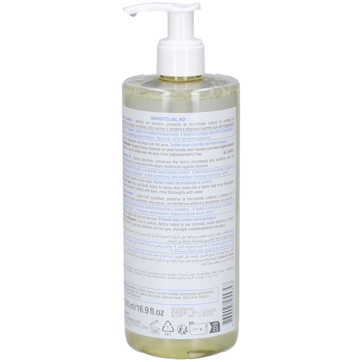 Achterkant van de fles met pomp. Tekst op etiket. Ingrediënten en informatie.