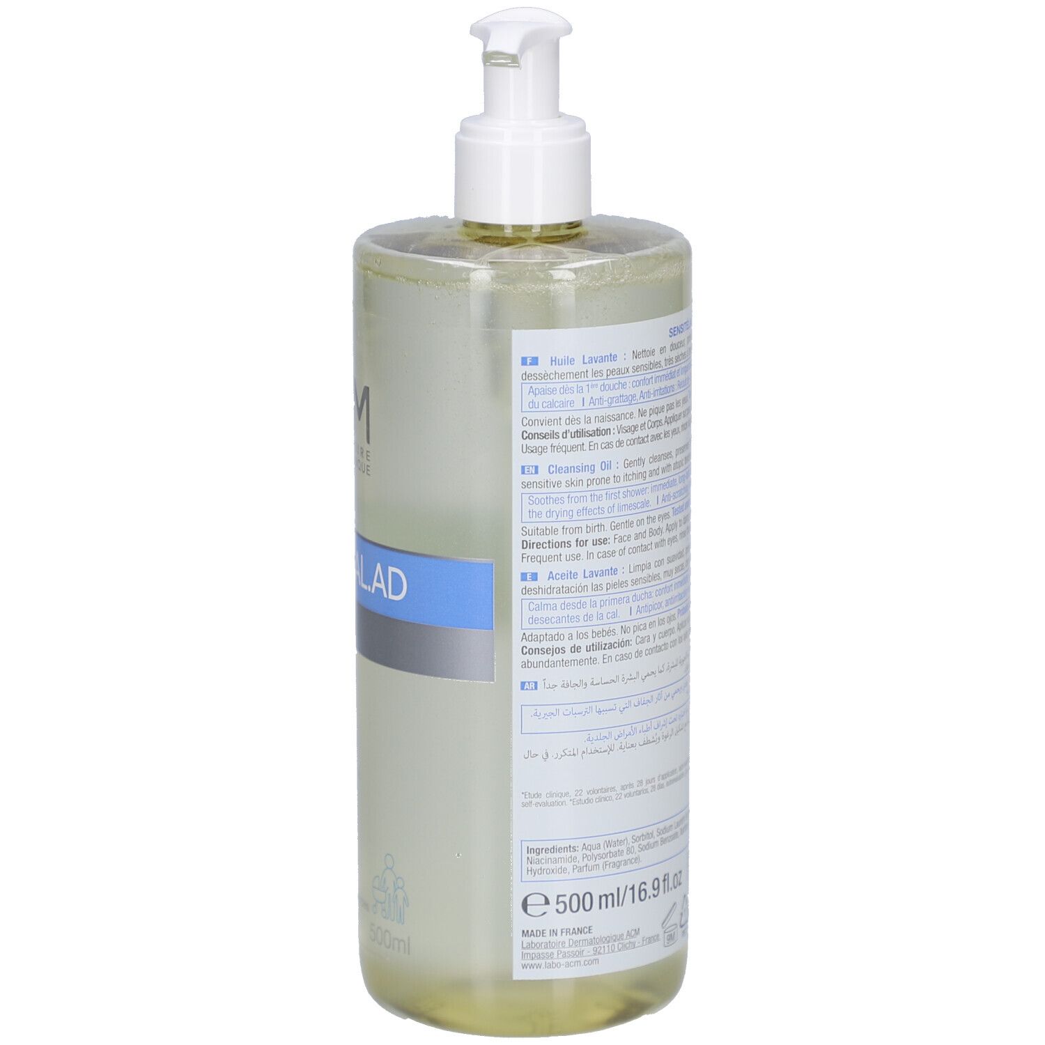 Achterkant van de fles met pomp. Tekst op etiket. Ingrediënten en informatie.