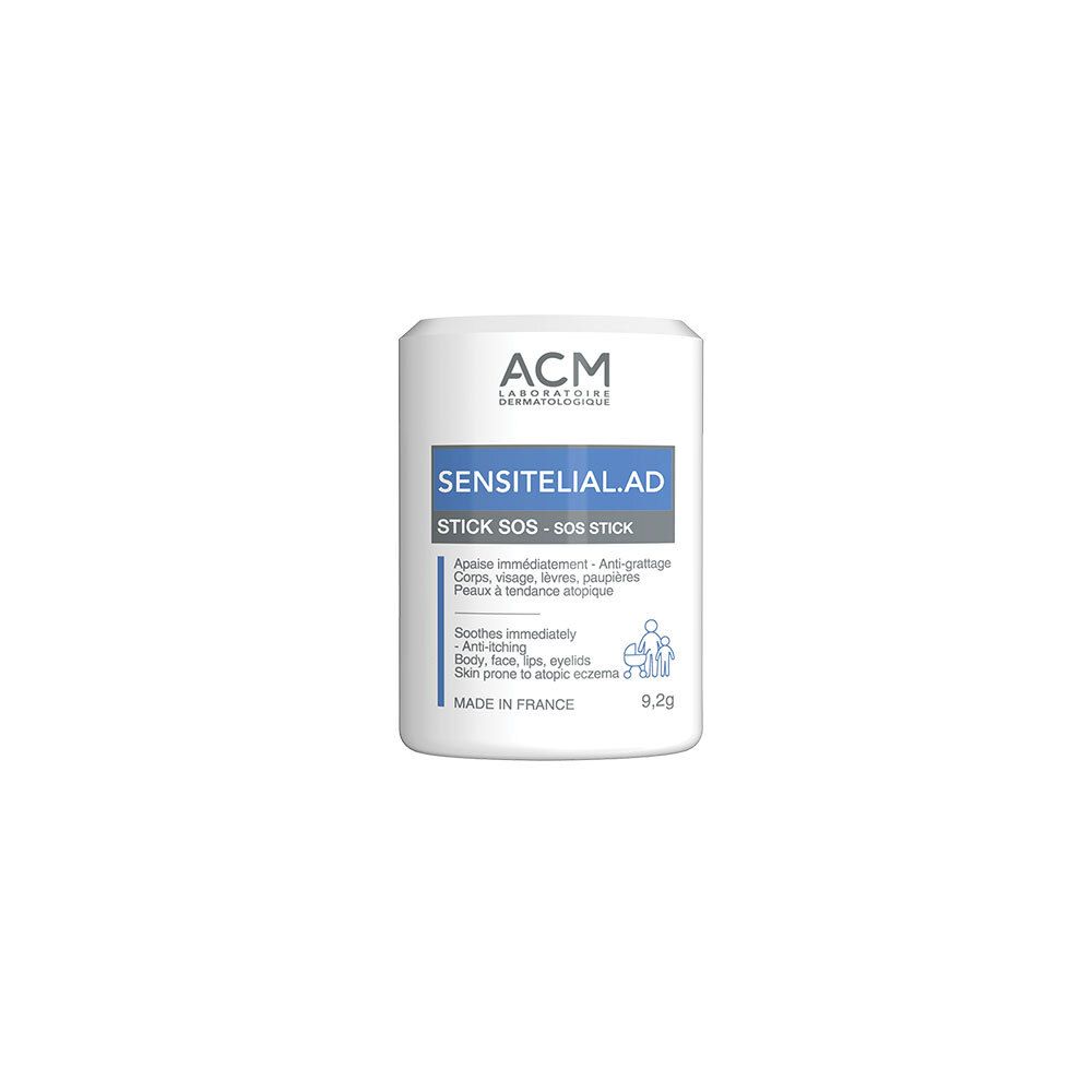 Stick blanc avec texte bleu. Inscription "ACM Sensitélial.AD Stick SOS". 9,2g. Fabriqué en France.