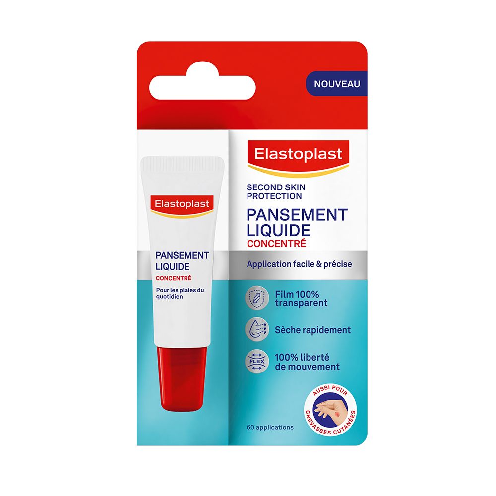 Verpakking met tube. Elastoplast Pansement Liquide Concentré. Witte en rode tube. Opschrift: Pansement Liquide Concentré.
