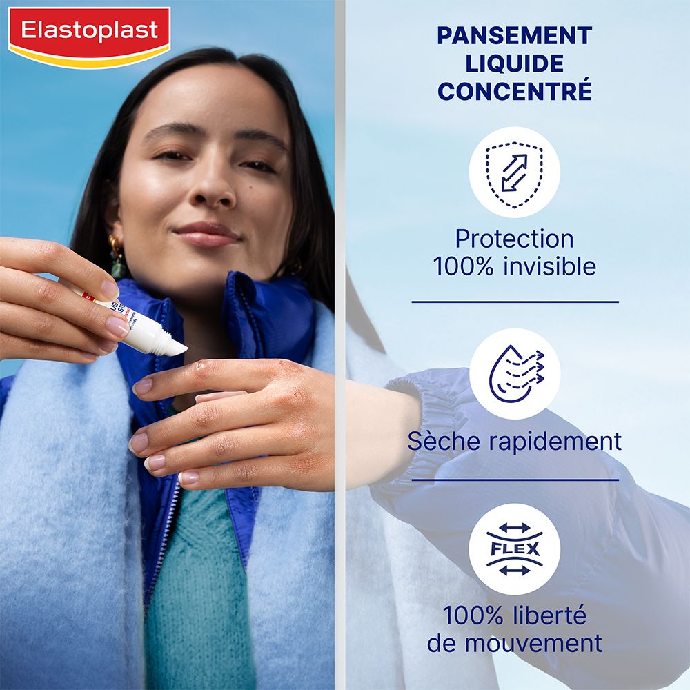 Vrouw houdt tube vast. Elastoplast logo. Tekst: Pansement Liquide Concentré. Eigenschappen: onzichtbaar, snel drogend, flexibel.