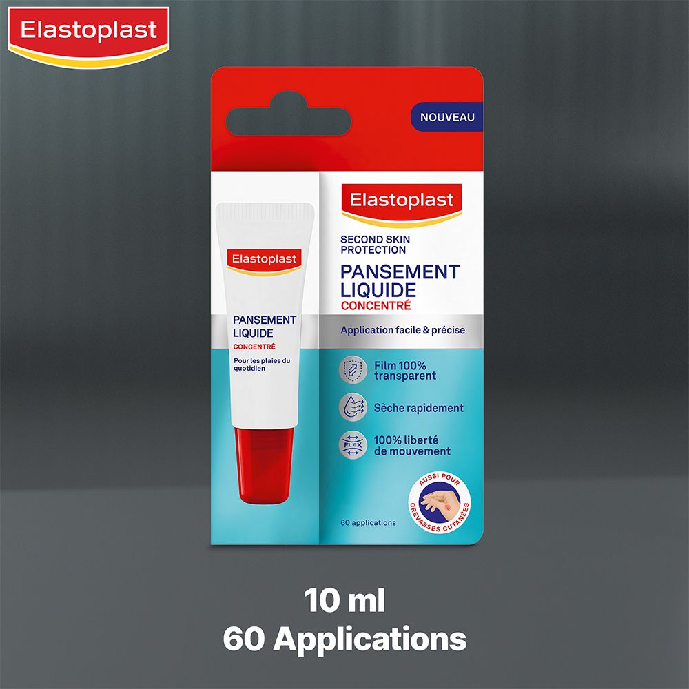 Verpakking met tube. Elastoplast Pansement Liquide Concentré. 10 ml, 60 toepassingen. Opschrift: Pansement Liquide Concentré.