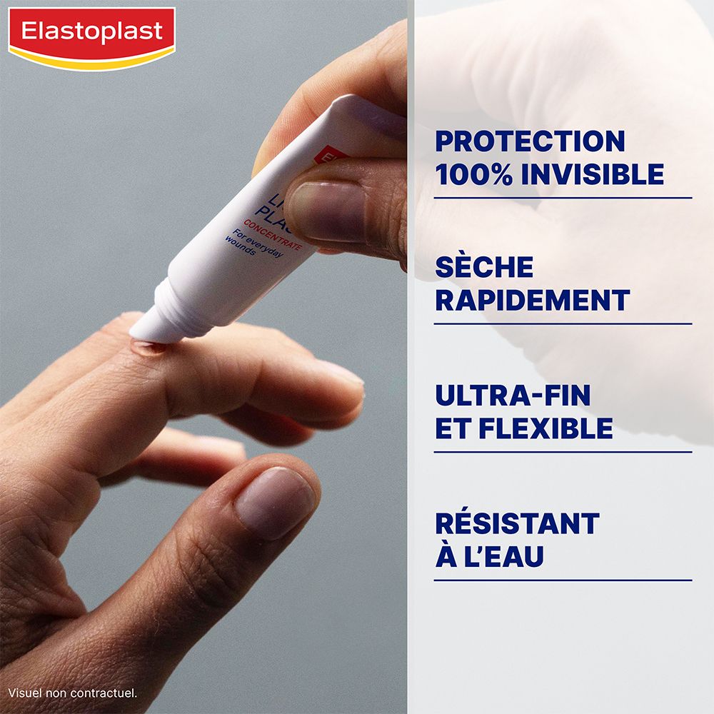 Tube op vinger. Elastoplast Pansement Liquide Concentré. Eigenschappen: onzichtbaar, snel drogend, ultra-fijn, waterbestendig.