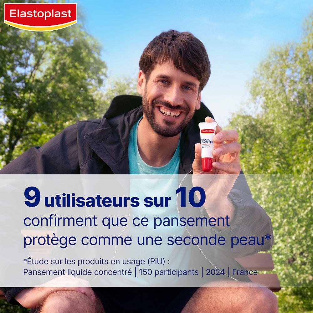 Man houdt tube vast. 9 van de 10 gebruikers bevestigen bescherming als een tweede huid. Elastoplast Pansement Liquide Concentré.