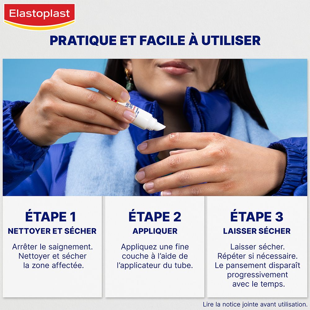 Toepassingsstappen. Reinigen, aanbrengen, laten drogen. Elastoplast Pansement Liquide Concentré.