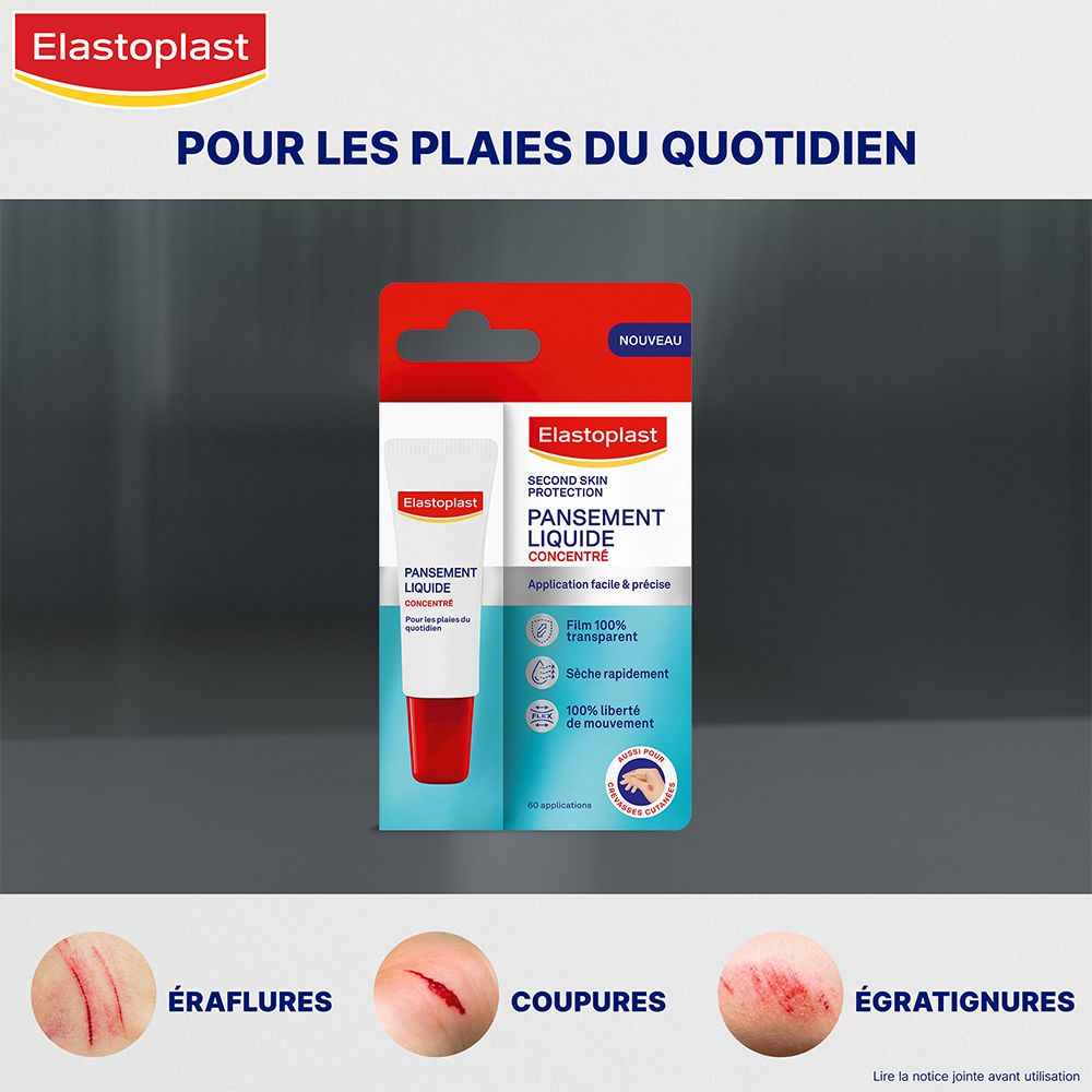 Verpakking met tube. Elastoplast Pansement Liquide Concentré. Voor dagelijkse wonden. Krassen, snijwonden, schaafwonden.