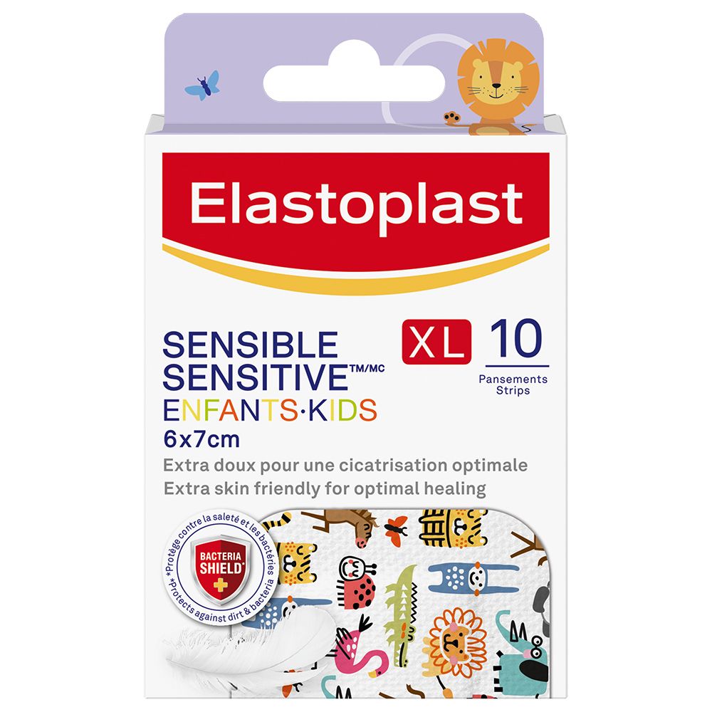 Elastoplast pleisterverpakking voor kinderen. Bevat 10 XL pleisters. Met dierenmotieven. 6x7cm. Extra zacht.