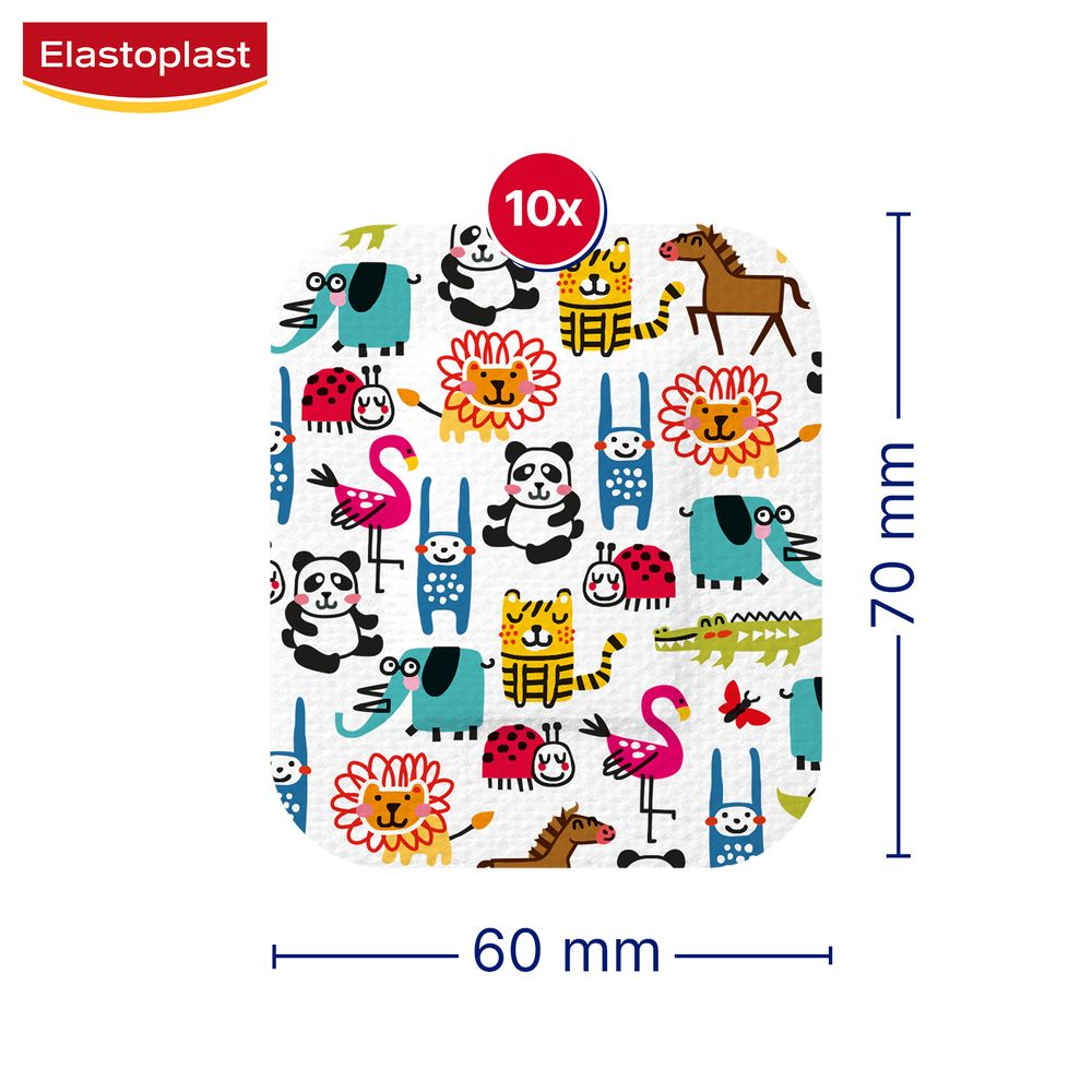 Vierkante pleisters met dierenmotieven. 10 stuks. Afmetingen 60x70mm. Tekst: 10x.