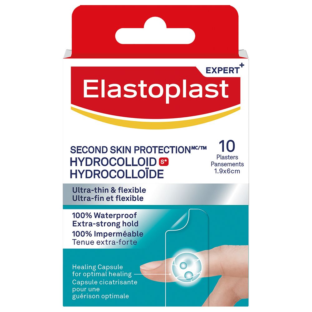 Elastoplast verpakking. Hydrocolloïd pleisters. 10 stuks. Waterdicht, extra sterke hechting. 1,9x6cm. Expert+.