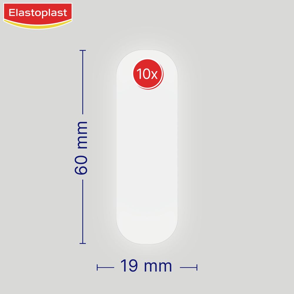 Elastoplast pleister. 60 mm x 19 mm. 10 stuks. Witte, rechthoekige pleister met afgeronde hoeken.