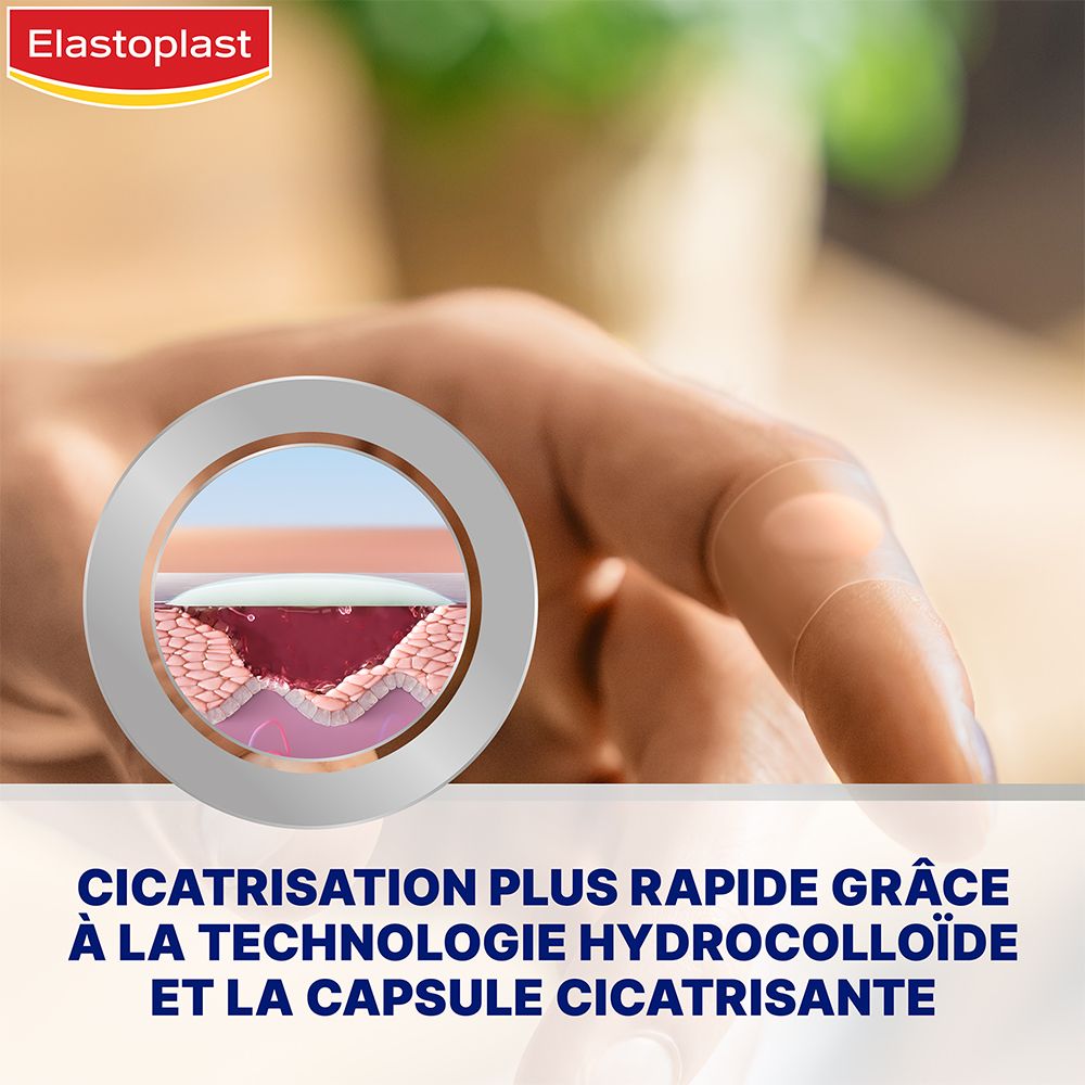 Elastoplast pleister op vinger. Sneller genezen dankzij hydrocolloïd technologie en genezingscapsule.