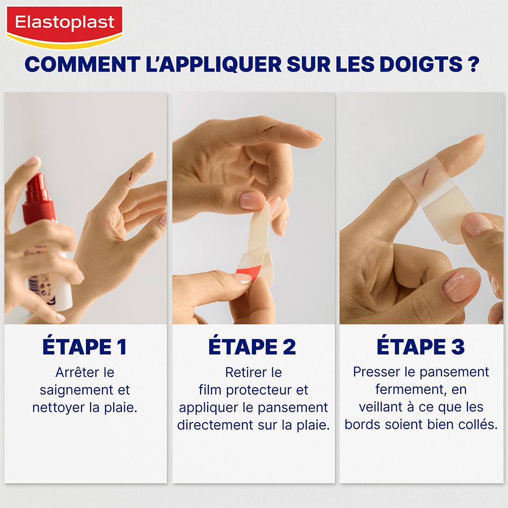 Aanbrengen Elastoplast pleister. 3 stappen: reinigen, folie verwijderen, pleister aanbrengen.