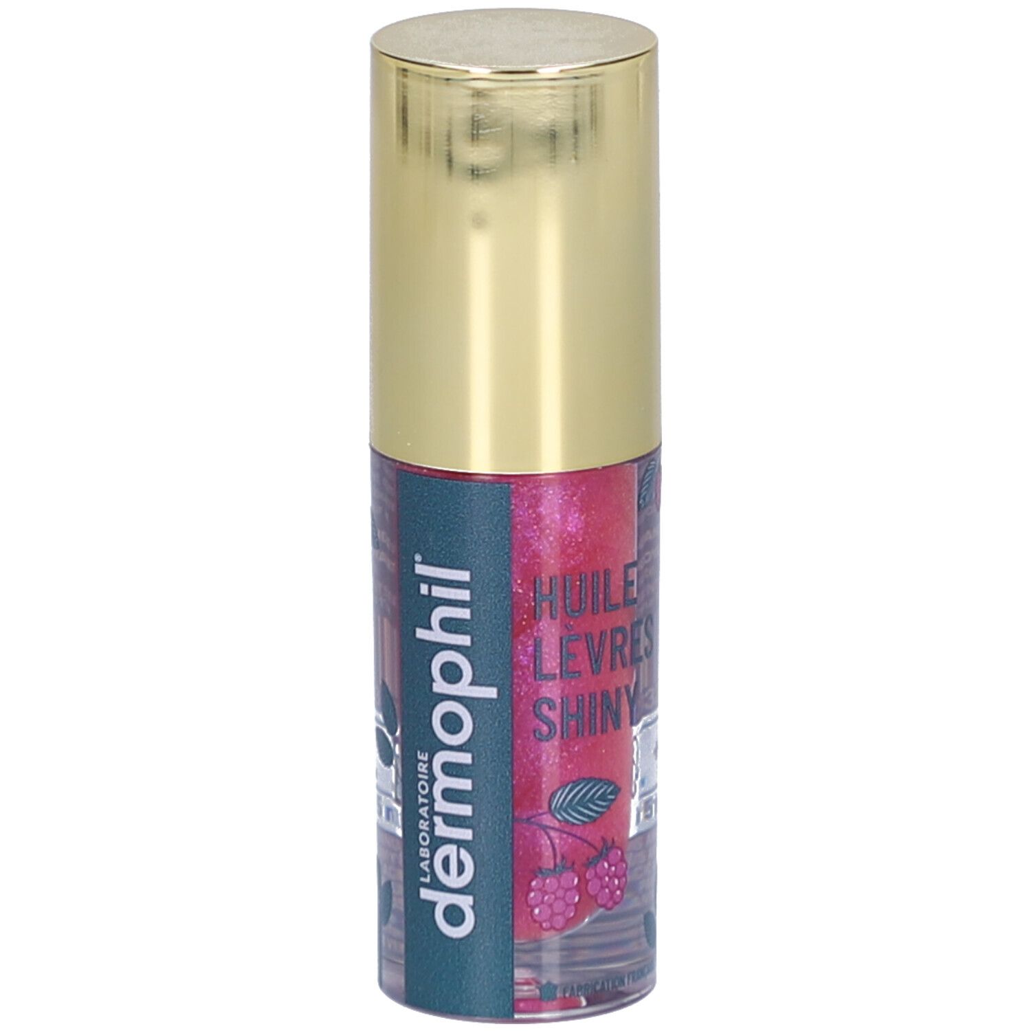 Lipolie flesje met gouden dop. Opschrift: dermophil, Huile Lèvres Shiny. Roze inhoud met frambozen illustratie.
