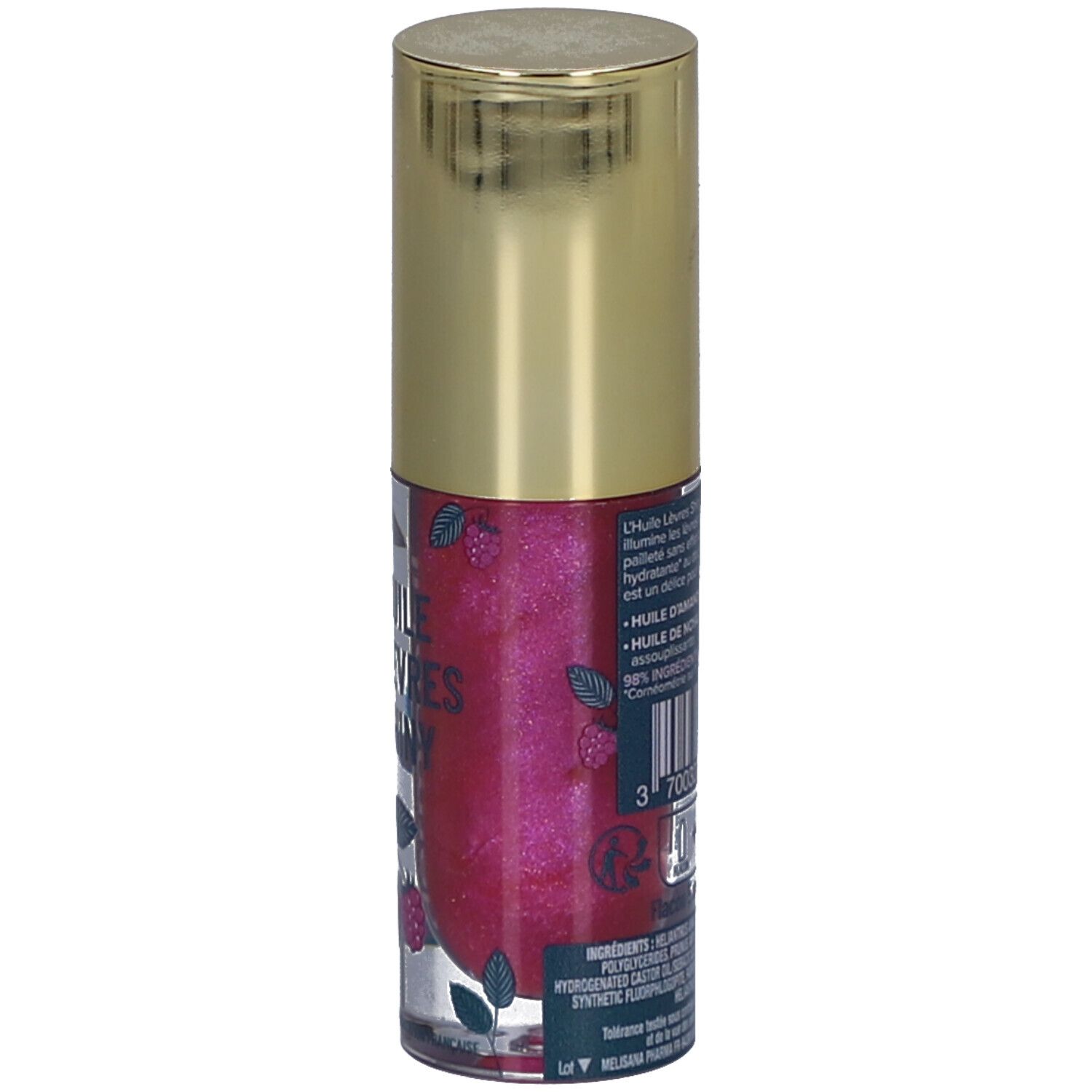 Lipolie flesje met gouden dop. Achterkant met tekst en barcode. Roze inhoud met frambozen illustratie.