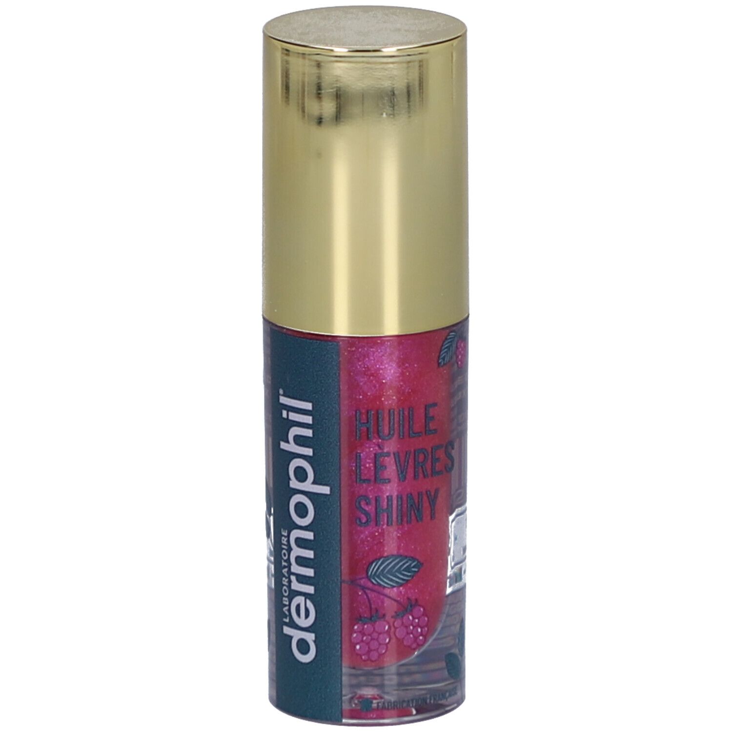 Lipolie flesje met gouden dop. Opschrift: dermophil, Huile Lèvres Shiny. Roze inhoud met frambozen illustratie.