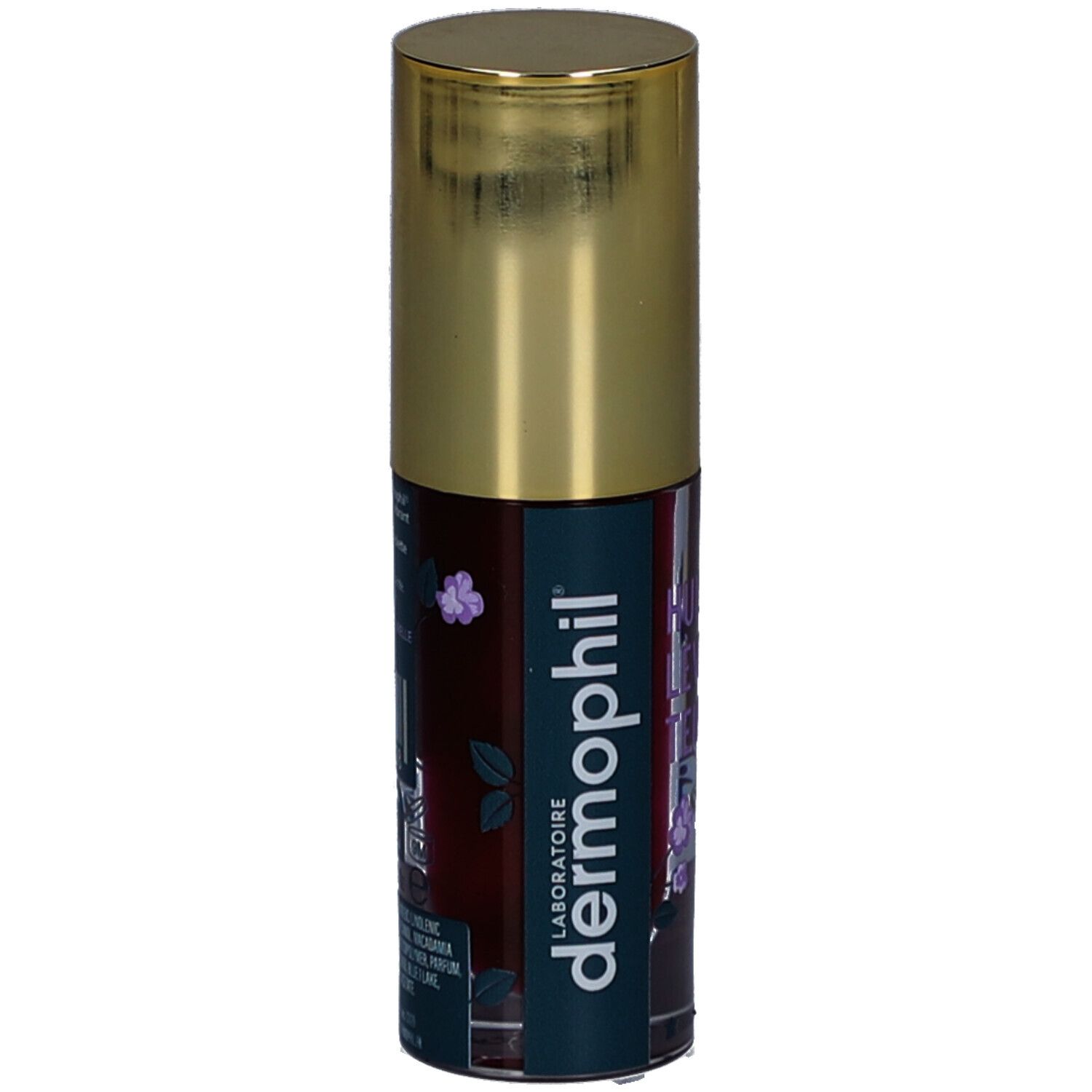 Cilindrische fles met gouden dop. Opschrift: dermophil, Laboratoire. Productnaam gedeeltelijk zichtbaar.