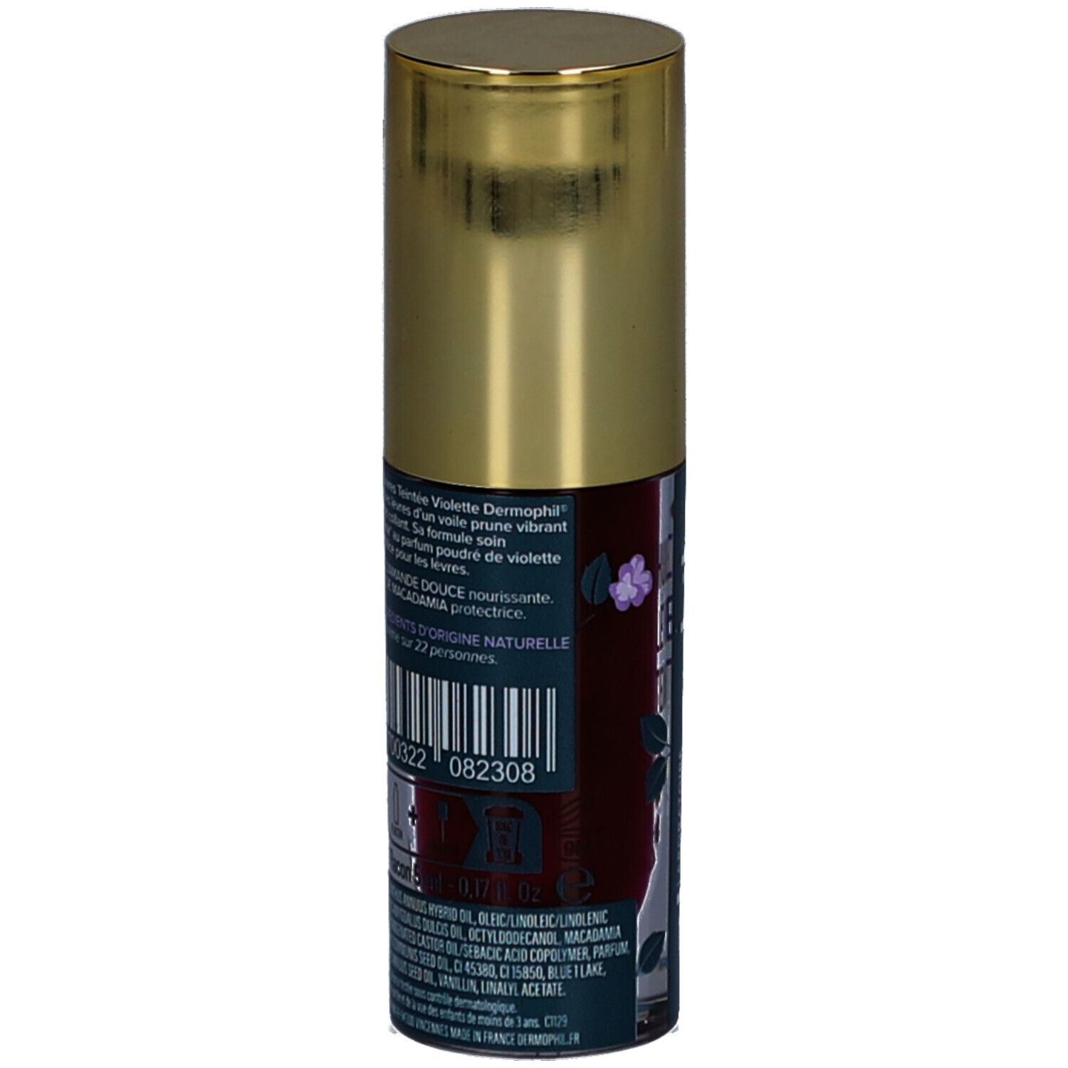 Achterkant van de fles. Tekst: Huile Lèvres Teintée, Parfum de violette. Ingrediënten en barcode.