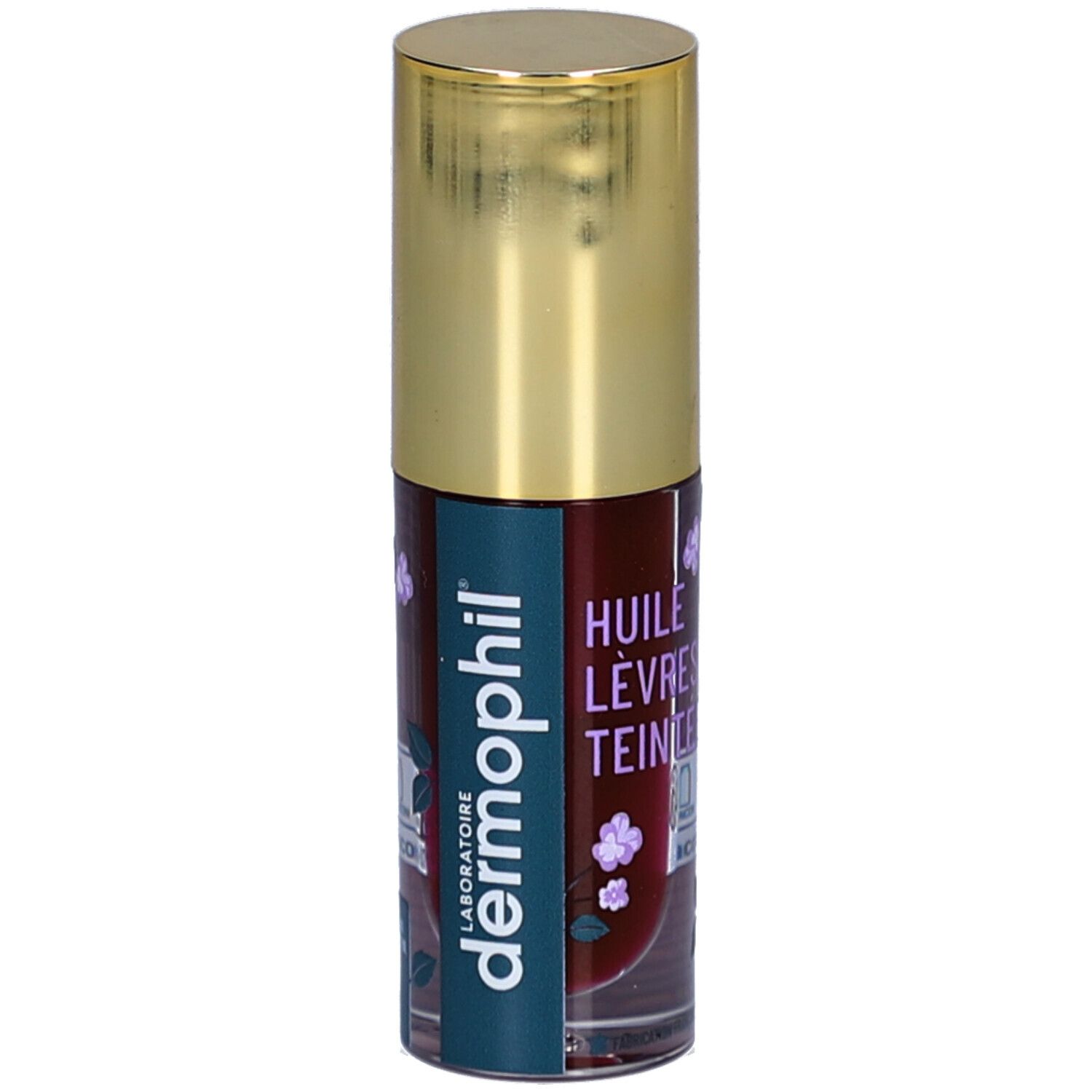 Cilindrische fles met gouden dop. Opschrift: dermophil, Laboratoire. Productnaam: Huile Lèvres Teintée.