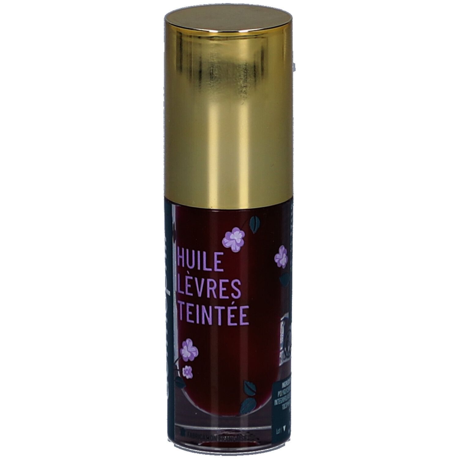 Cilindrische fles met gouden dop. Opschrift: dermophil, Laboratoire. Productnaam: Huile Lèvres Teintée.