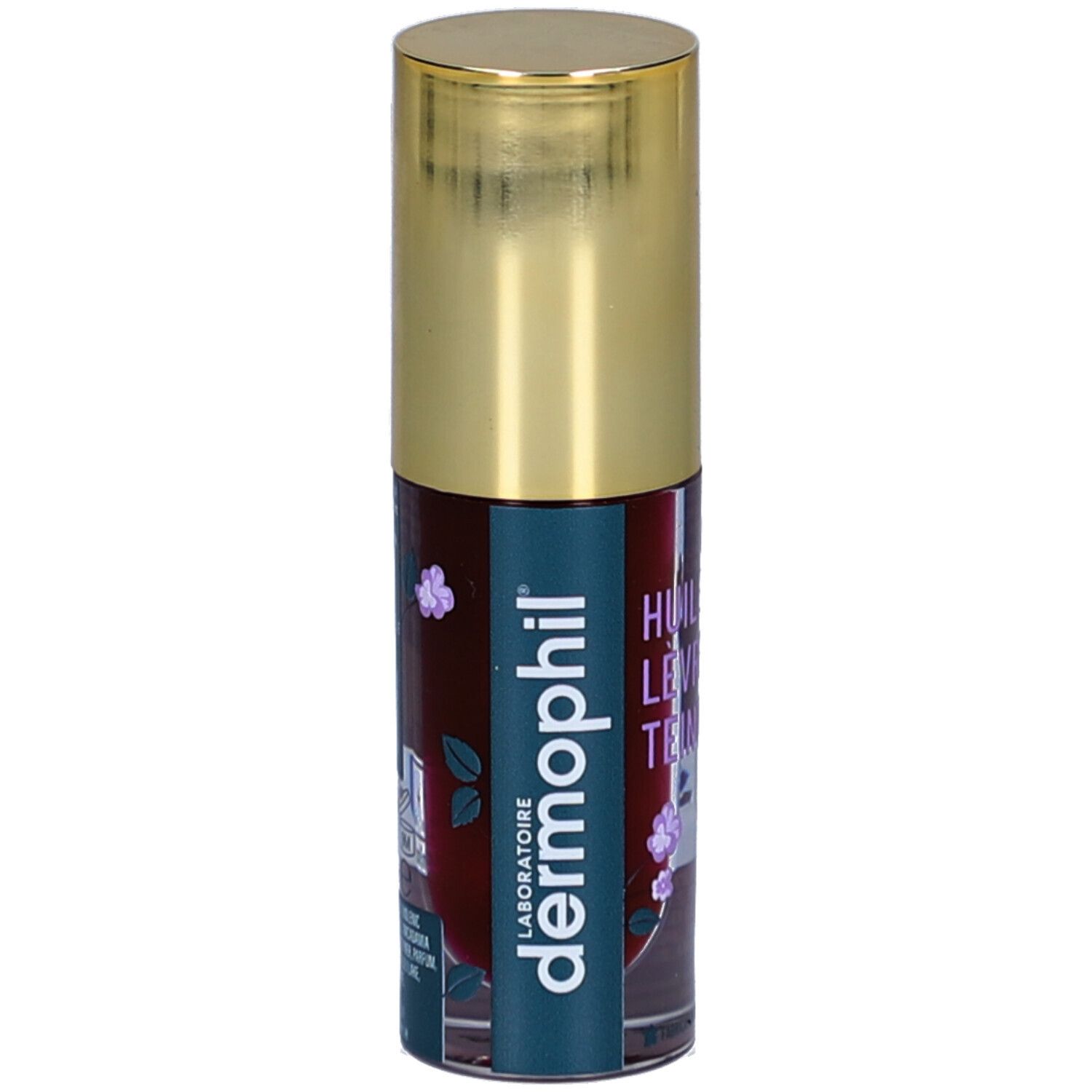 Cilindrische fles met gouden dop. Opschrift: dermophil, Laboratoire. Productnaam: Huile à Lèvres Teintée.