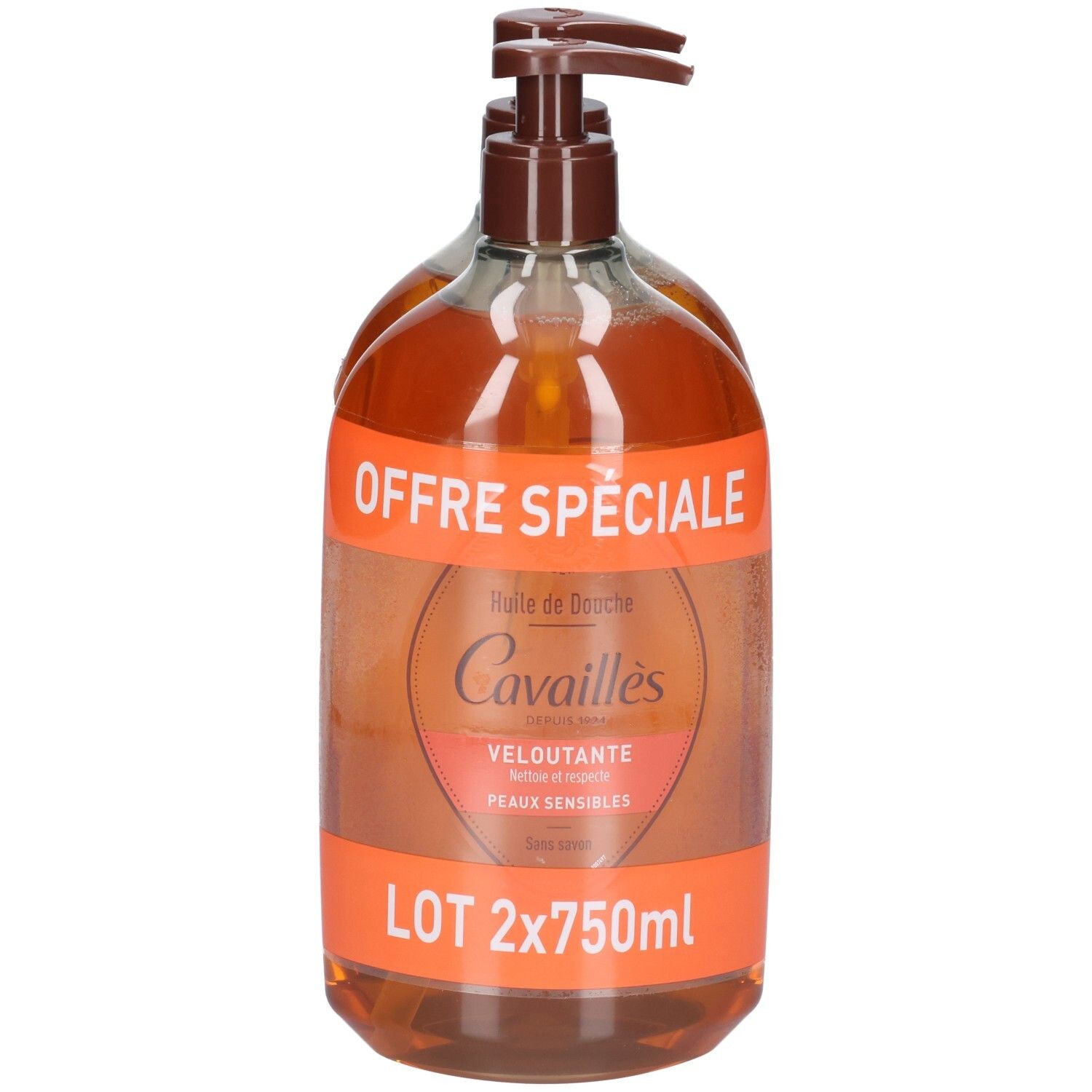 Twee flessen met bruine pomp. Opschrift: "OFFRE SPÉCIALE". Etiket met tekst en logo.