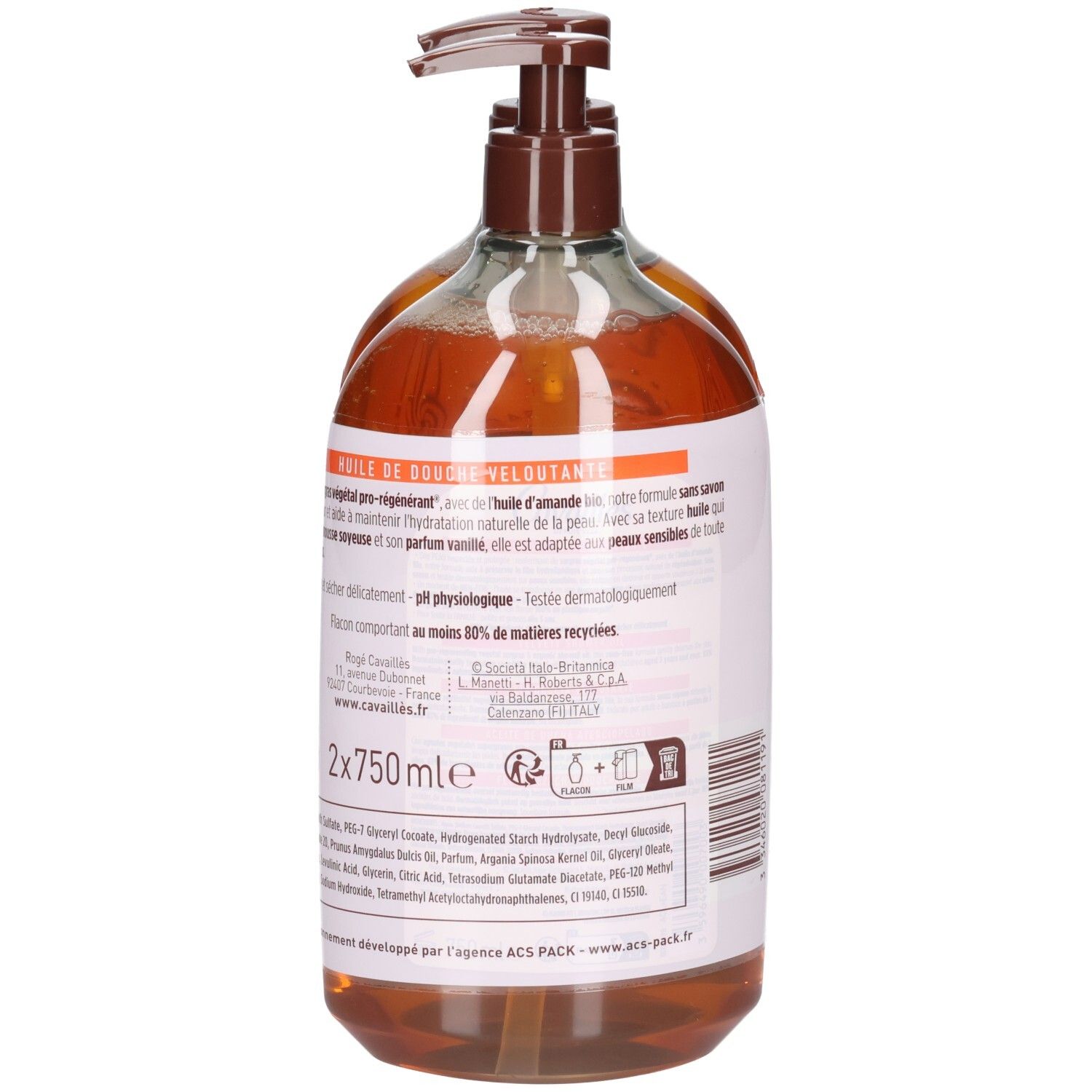 Twee flessen met bruine pomp. Achterkant met tekst en informatie. 2x750ml.