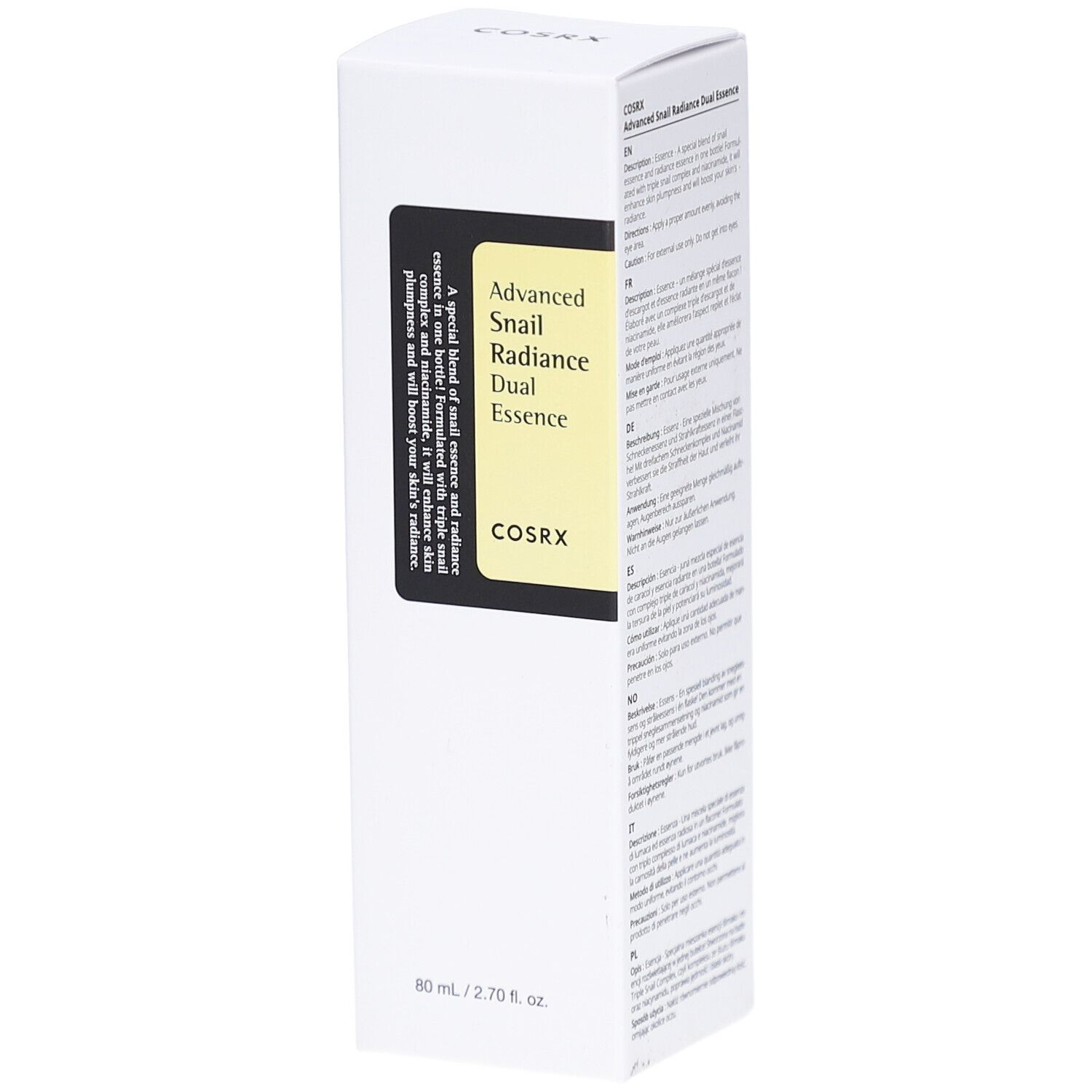 Witte verpakking. Zwart etiket met productnaam en merk: COSRX Advanced Snail Radiance Dual Essence. 80 ml.