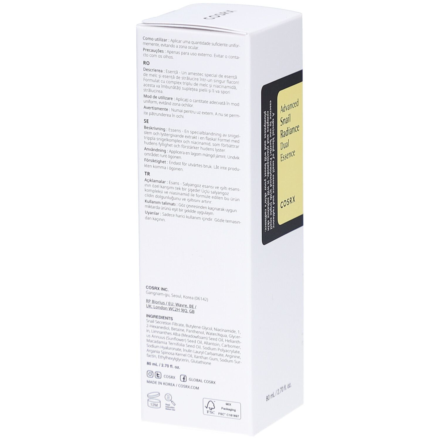 Witte verpakking. Meertalige tekst. Merk COSRX. 80 ml. Afdrukken: recycling, houdbaarheid, ingrediënten.