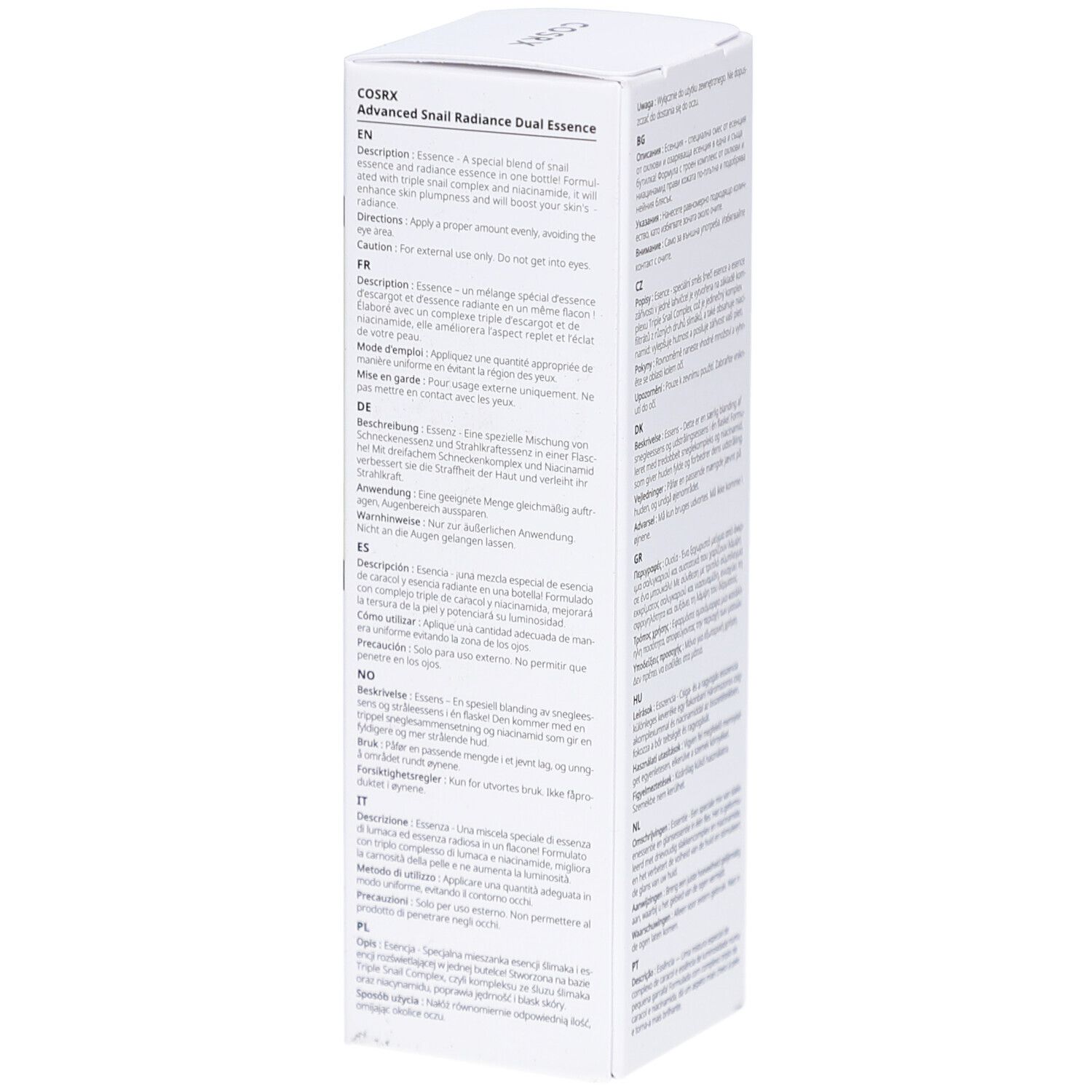 Witte verpakking. Zwart etiket met productnaam en merk: COSRX Advanced Snail Radiance Dual Essence. 80 ml.