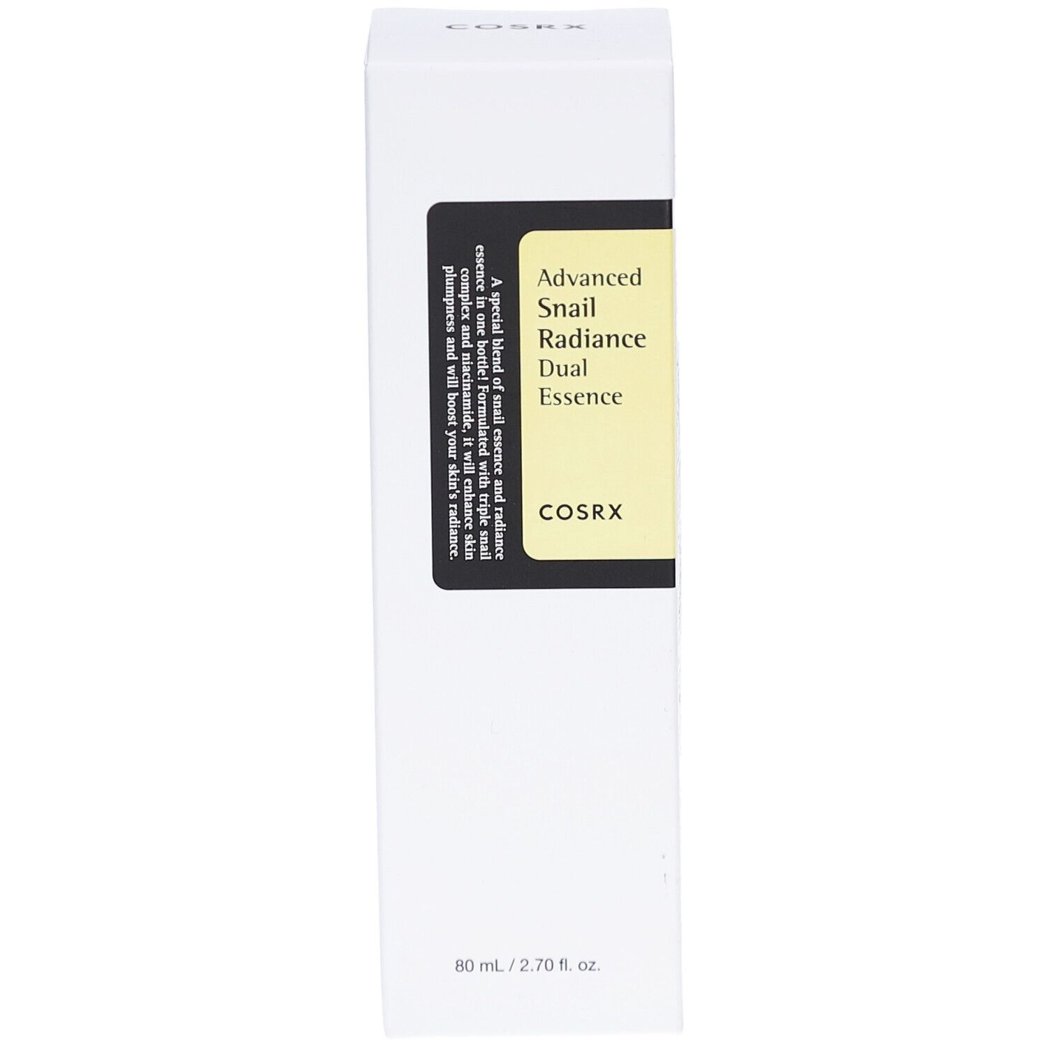 Witte verpakking. Zwart etiket met productnaam en merk: COSRX Advanced Snail Radiance Dual Essence. 80 ml.