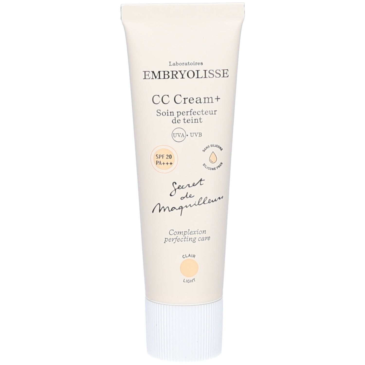 Embryolisse CC Cream+ tube. Beige tube met productnaam en SPF 20. "Clair" tint.