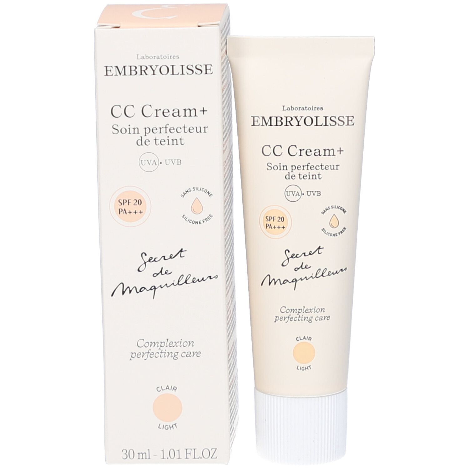 Embryolisse CC Cream+ tube en doos. Productnaam, SPF 20 en "Clair" tint.