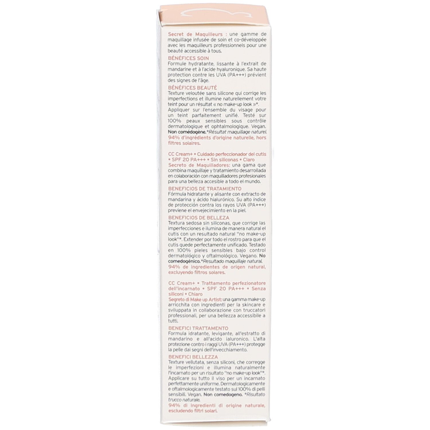 Zijkant van de Embryolisse CC Cream+ doos. Voordelen en ingrediënten.