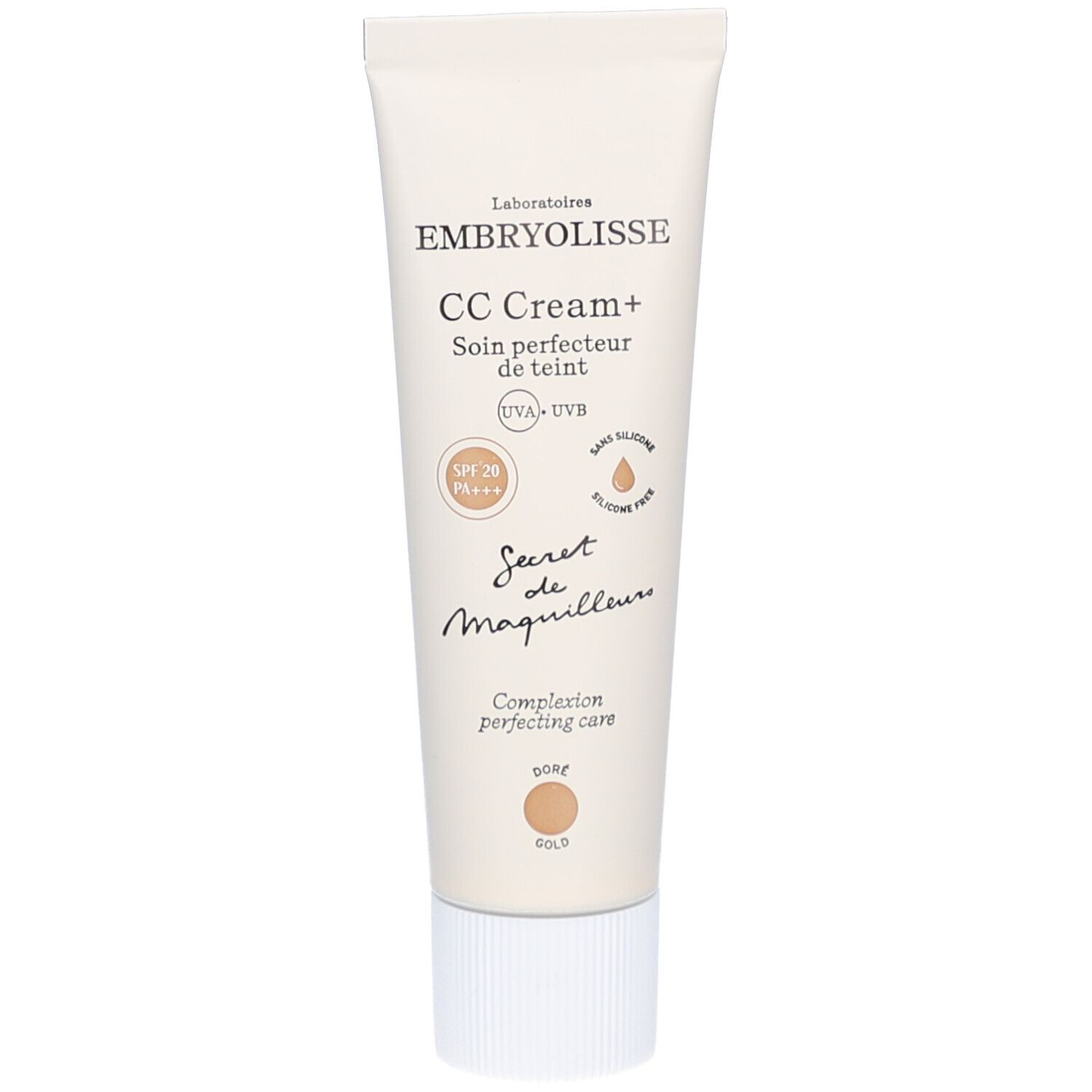 Tube de Embryolisse CC Cream+ Doré. Crème dorée. SPF 20. Sans silicone. Nom et détails du produit sur le tube.