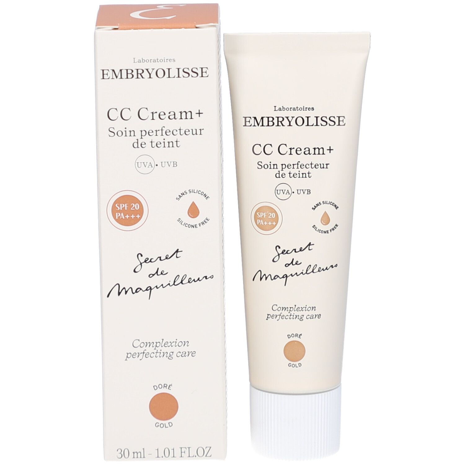 Embryolisse CC Cream+ et emballage. Crème dorée. SPF 20. Sans silicone. Nom et détails du produit.